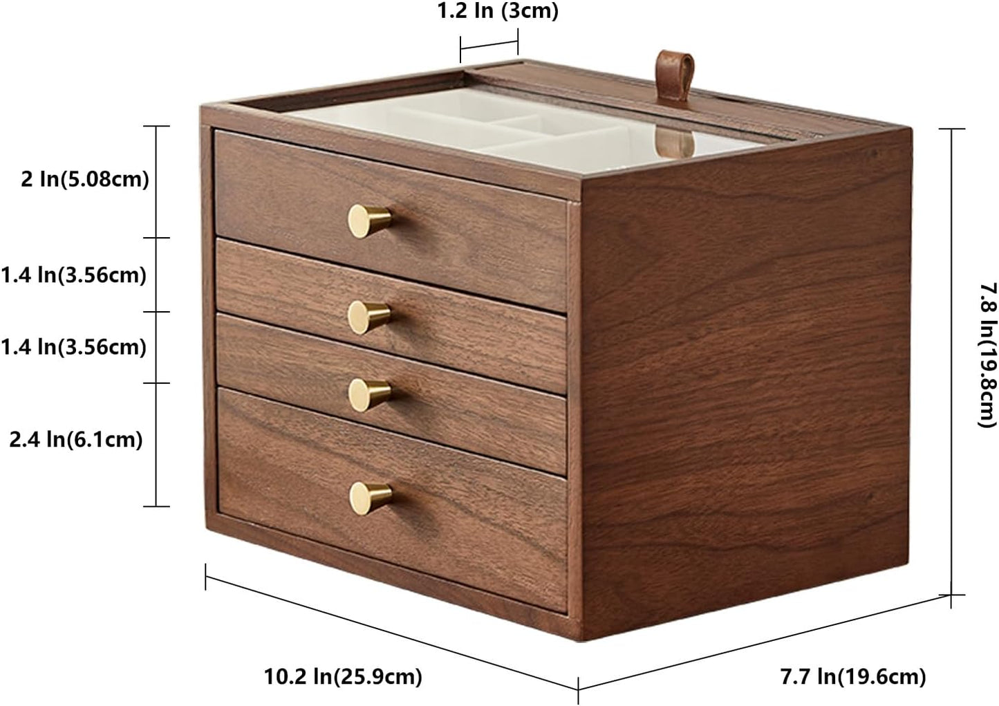 Black Walnut Wooden Jewelry Box for Women 4 Layer with Glass Lid and Pull-out Necklace Storage Layer Watch Necklace Ring Earring Storage,Christmas Gifts