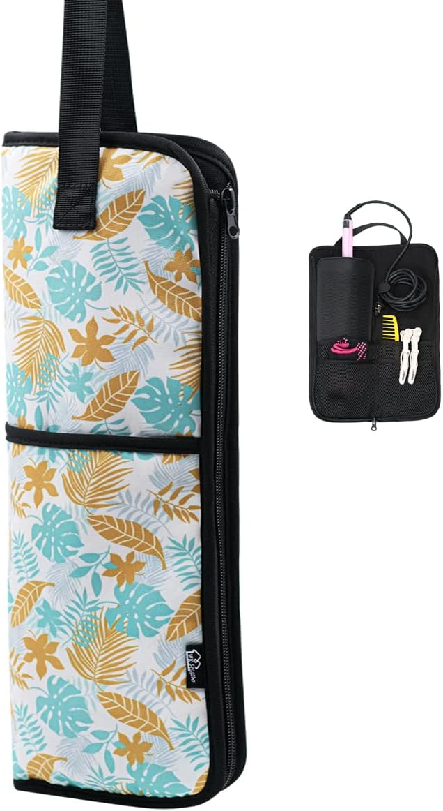 WK IEASON Hair Flat Iron Case Holder Canvas Bag Heat Resistant Curling Iron Straightener Holder Bag for Hair Tools Curling Iron Organizer Bag (Leavies-Fabric bag)
