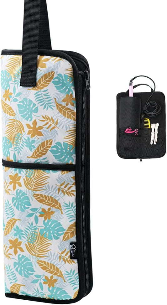 WK IEASON Hair Flat Iron Case Holder Canvas Bag Heat Resistant Curling Iron Straightener Holder Bag for Hair Tools Curling Iron Organizer Bag (Leavies-Fabric bag)