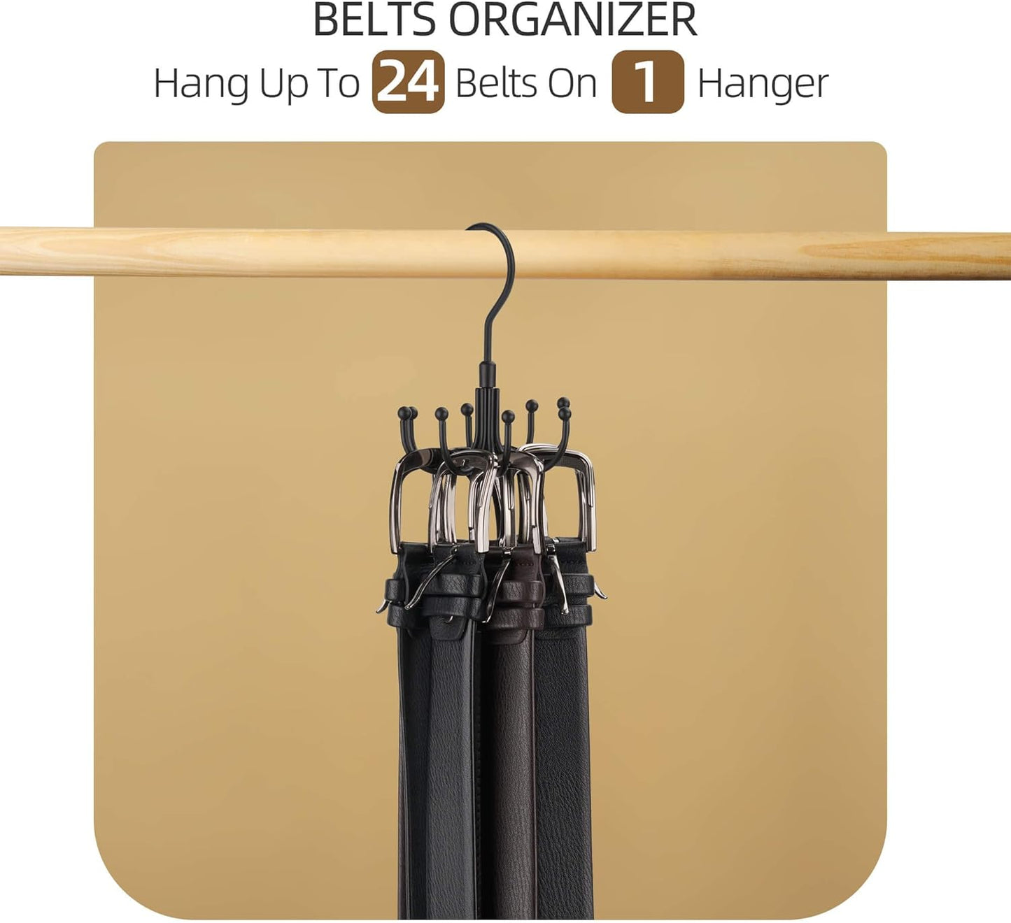 ZEDODIER Belt Hanger, Rotatable Belt Rack Closet Accessories Organizer, Maximum 24 Storage Capacity, Hanging Holder Storage Hook for Belt, Bra, Tank Top, Tie, Scarf, Purse, Black