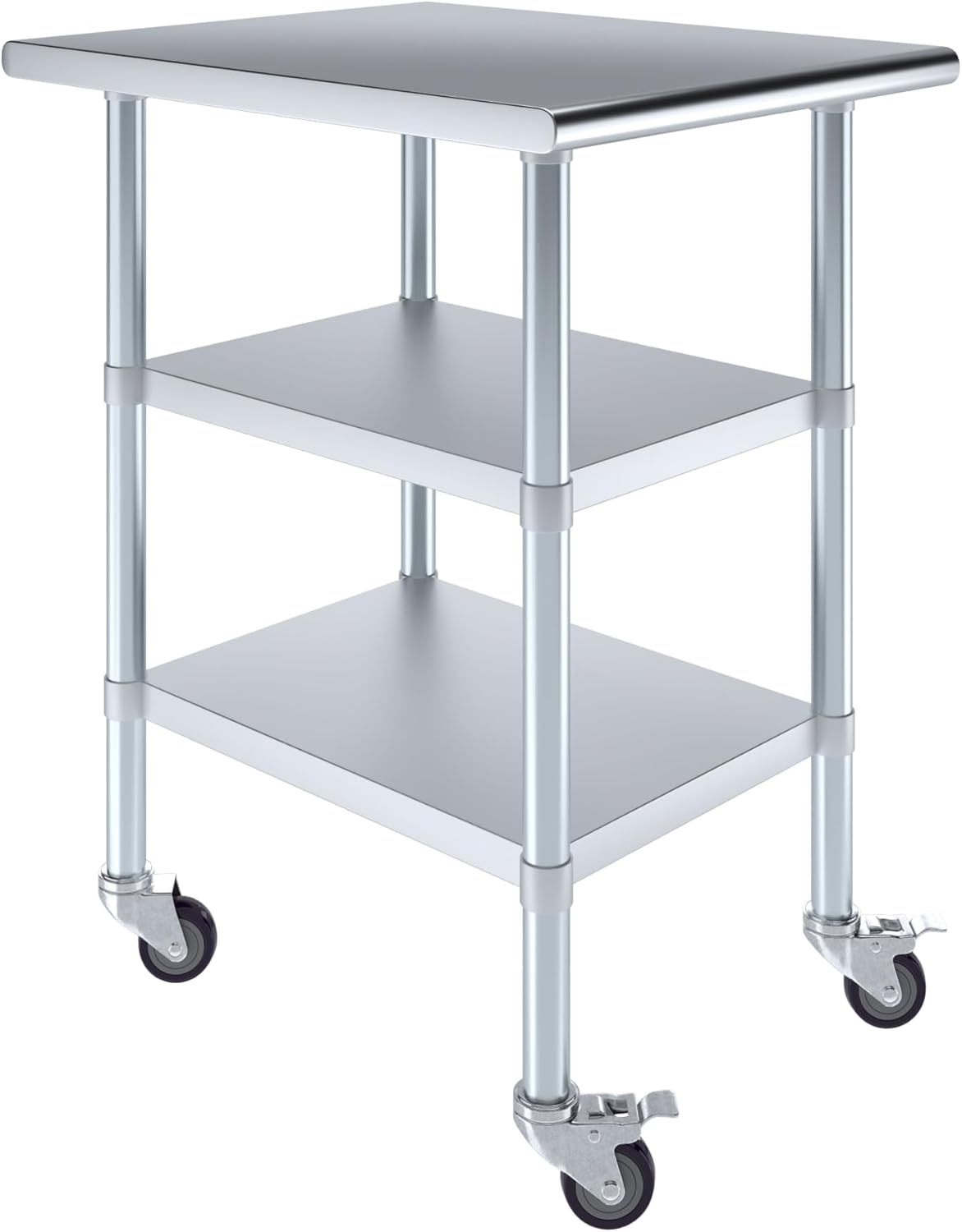 AmGood Stainless Steel Work Table with 2 Shelves and Casters (Stainless Steel Work Table with 2 Shelves + Casters, 24" Long x 30" Deep)