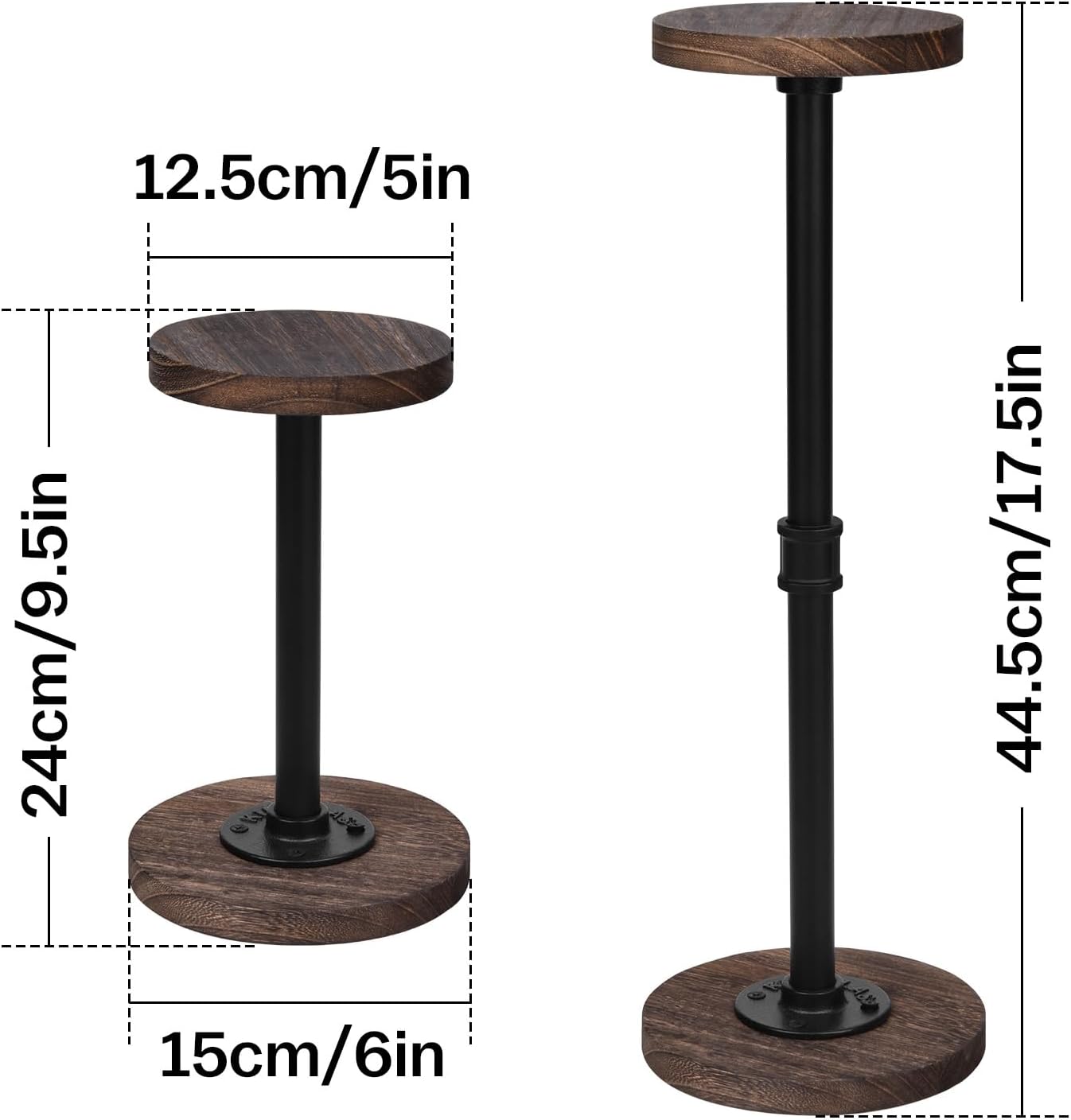 4Pcs Tabletop Hat Stand Cap with Height Adjustment, Industrial Metal Pipe Rustic Burnt Wood Hat Rack, Wig Rack for Chapeau, Cowboy Hat, Helmet