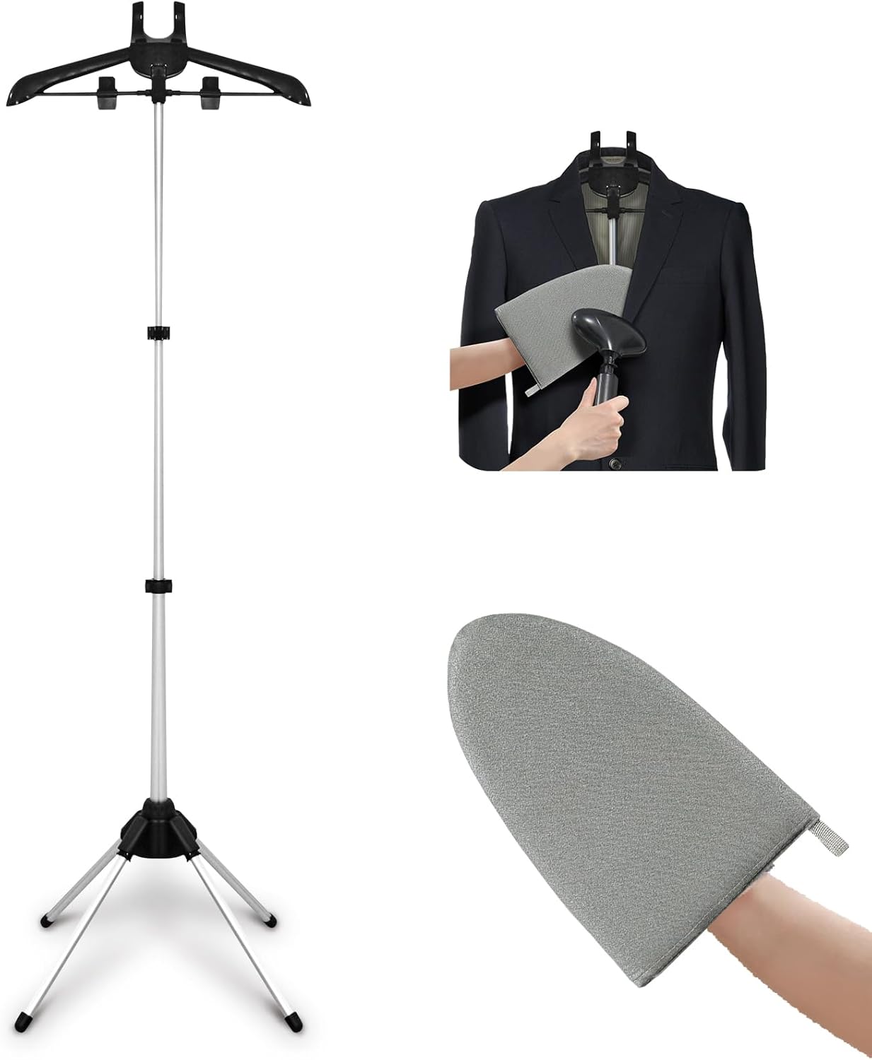 Garment Steamer Hanger Stand & Ironing Glove for Clothes, Adjustable Steamer Stand for Clothes Hanger & Mini Grey Ironing Board Portable Handheld Steamer Ironing Accessories for Clothes