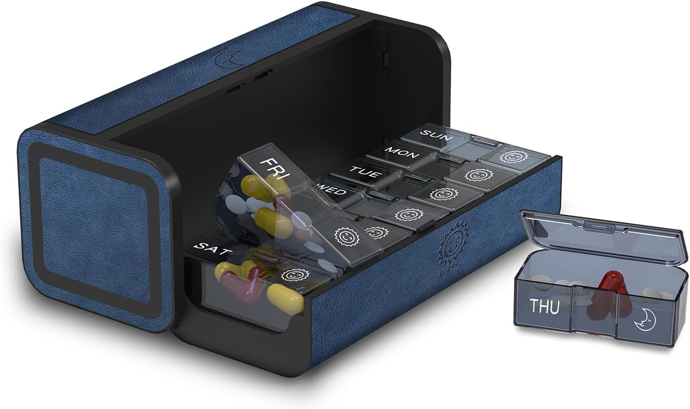 Pill Organizer 2 Times a Day, Am Pm Twice Daily Pill Case, Detachable Large Travel Pill Box 7 Day, Weekly Pill Container for Vitamin Medicine Supplement Fish Oil (Blue)