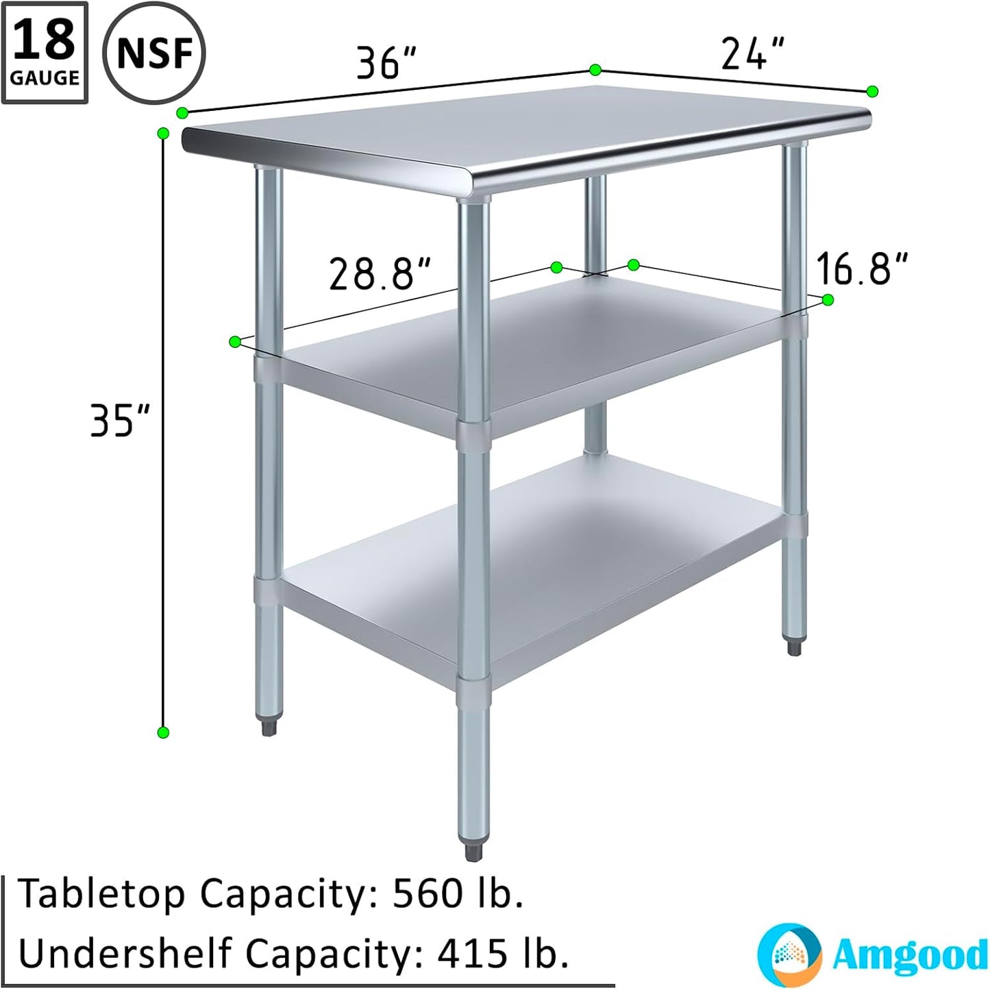 AmGood Stainless Steel Work Table with 2 Shelves | NSF | Metal Utility Table (36" Long x 24" Deep)