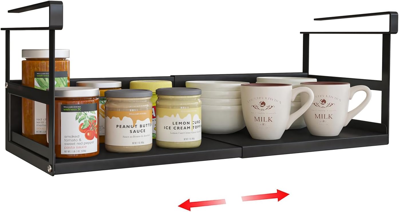 Expandable Under Cabinet Shelf Organizer with 0.94-Inch Thick Clips, Heavy Duty Extendable Under Shelf Storage Basket for Pantry or Laundry Room, Black, 1 Pack, Interior: 5.7" H x 7.2" D