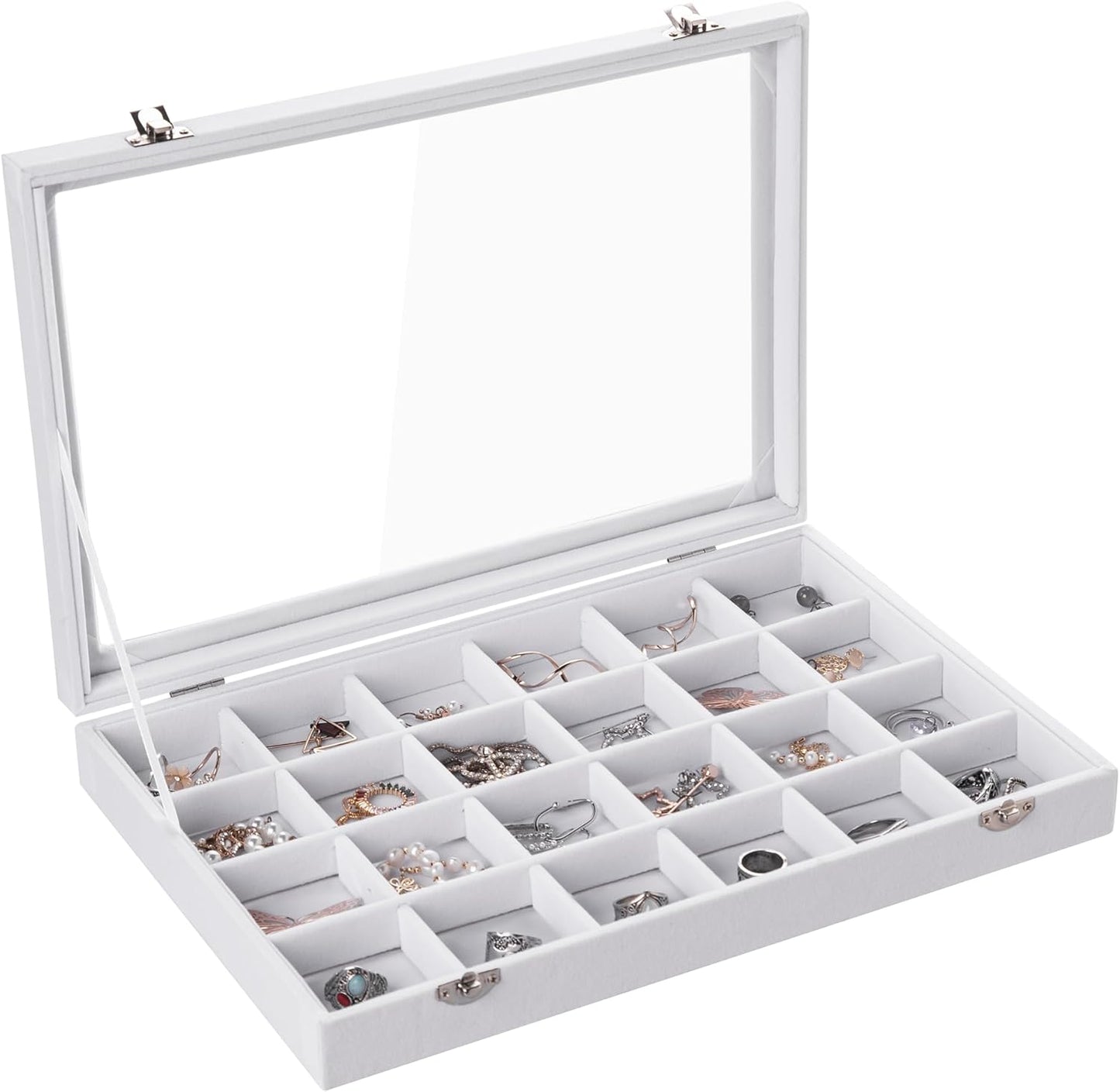 Frebeauty Jewelry Organizer Tray with Clear Lid 24 Grid Velvet Drawer Insert Jewelry Storage box with Transparent Glass lid Jewelry Display Case with Lock Gifts for Girls Women (White, 24 Grid)