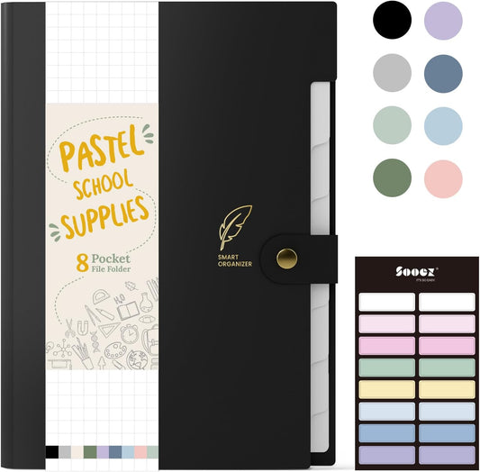 Sooez File Folders Organizer, Folders with 8 Pockets, Folders for Documents w/Sticker, Accordion File Organizer, Paper Receipt Bill Filing Organizer, School College Office Travel Essentials Supplies