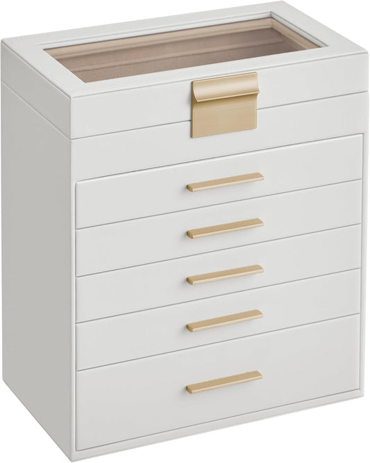 SONGMICS Jewelry Box Organizer with Glass Lid, 6-Layer Jewelry Storage, with 5 Drawers, Modern Style, Christmas Gift, 6.4 x 9.9 x 11.4 Inches, Cloud White and Gold Color UJBC171W01