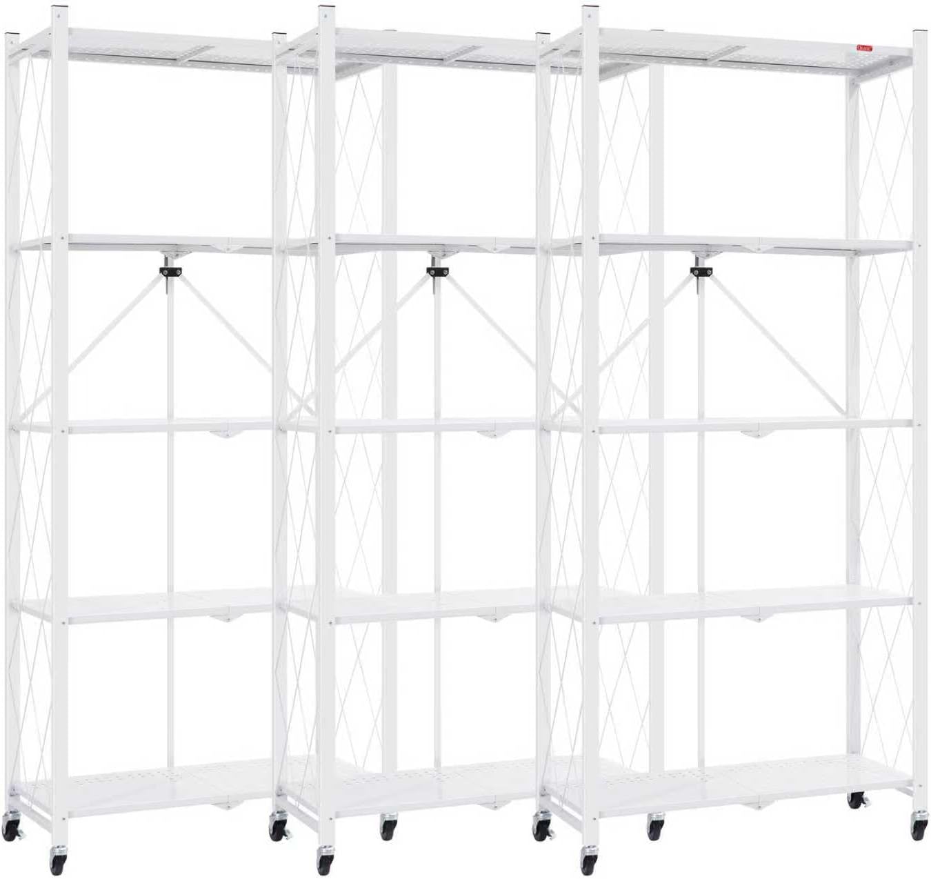 DEANIC 5 Tier Foldable Storage Shelves with Wheels, Large Capacity Shelving Unit, Freestanding Metal Wire Shelf Rack, No Assembly Organizer Rack for Garage Kitchen, Basement, Pantry(White Pack of 3)