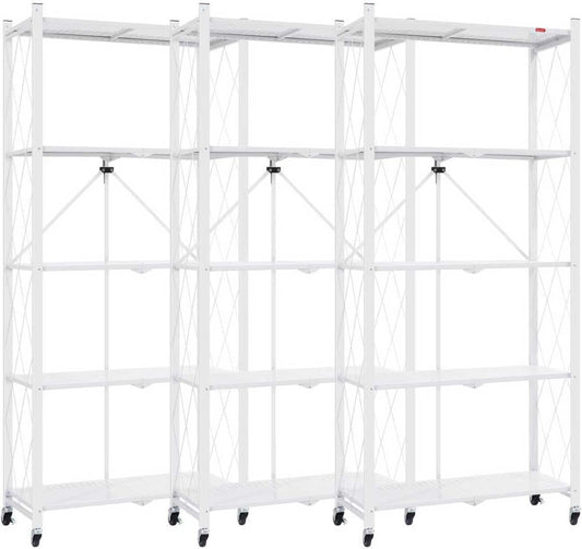 DEANIC 5 Tier Foldable Storage Shelves with Wheels, Large Capacity Shelving Unit, Freestanding Metal Wire Shelf Rack, No Assembly Organizer Rack for Garage Kitchen, Basement, Pantry(White Pack of 3)