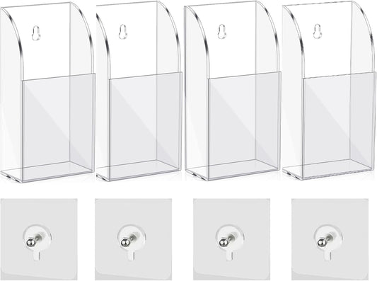 4 Pieces Acrylic Remote Control Holder Clear Wall Mount Media Organizer Single Compartment Pen Holder for Wall Pencil Holder TV Remote Holder Wall Mount Storage Box for File Makeup Marker Brush Phone