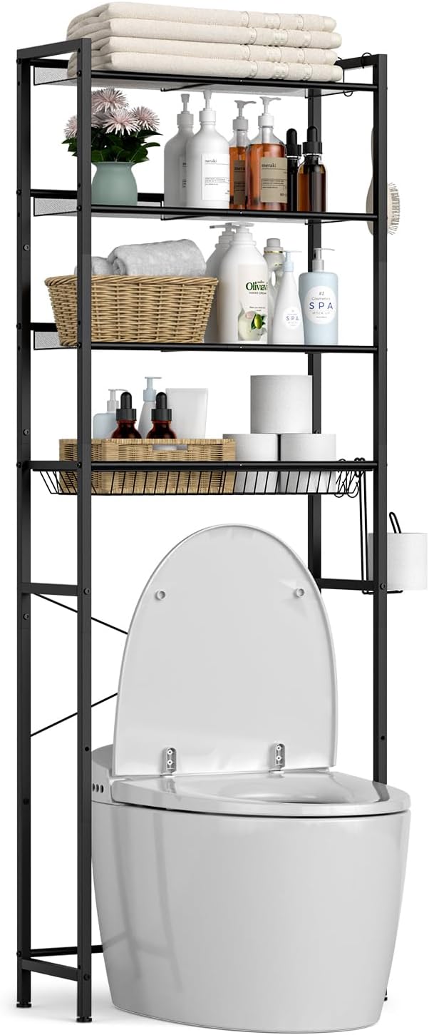 ASHLEYRIVER Over The Toilet Storage Rack, 4-Tier Storage Rack Toilet Adjustable Shelf Rack with Hooks & Roll Holder,Steel Black