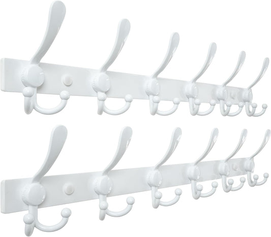 Dseap Coat Rack Wall Mount 2.0 Pro: 24” Long, 3X Tougher, Heavy Duty Stainless Steel Wall Coat Hanger with 6 Tri Hooks for Clothes Jackets Hats Entryway Closet, White, Pack of 2