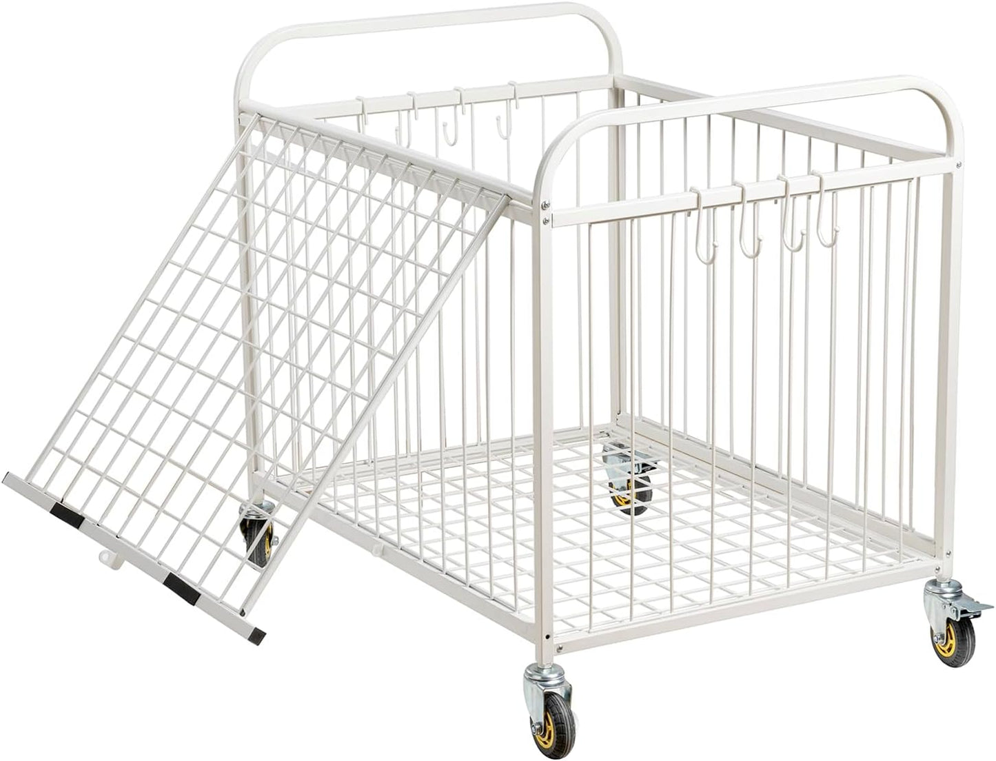 MyGift Large Capacity Metal Rolling Multi Sports Ball Cage Storage Hopper, Gym Equipment Basket Cart with Lockable Latch, Heavy Duty Caster Wheels, and 8 Accessory Hooks