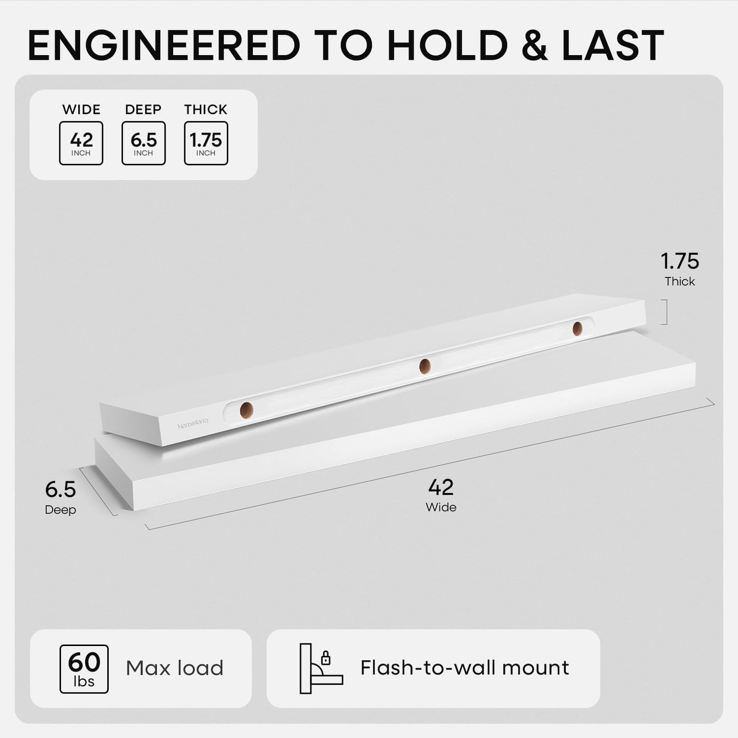 Homeforia White Floating Shelves 42 inch, High End Solid Real Wood 42inch Floating Shelf for Wall Mounted, White Wooden 42in Long Floating Shelves, Heavy Duty Bracket, 42 X 6.5 X 1.75 inches, Set of 3