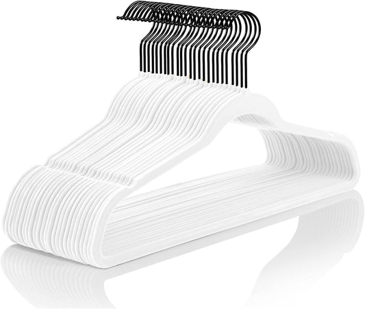 MIZGI Premium Velvet Hangers (50 Pack) Heavy Duty - Non Slip Felt Hangers - White Velvet Suit - Black Coated Hooks,Space Saving Clothes