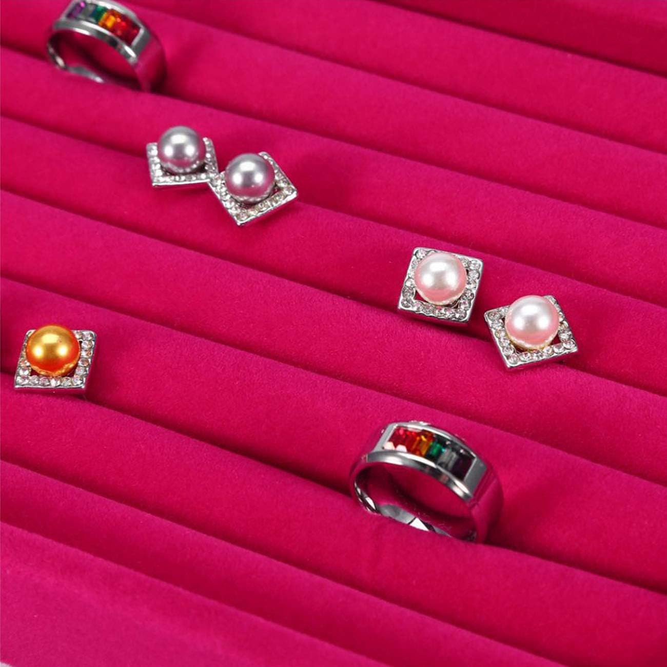 Tinsow Stackable 7 Slots Jewelry Rings Pink Earrings Tray Velvet Showcase Display Organizer (Pink)