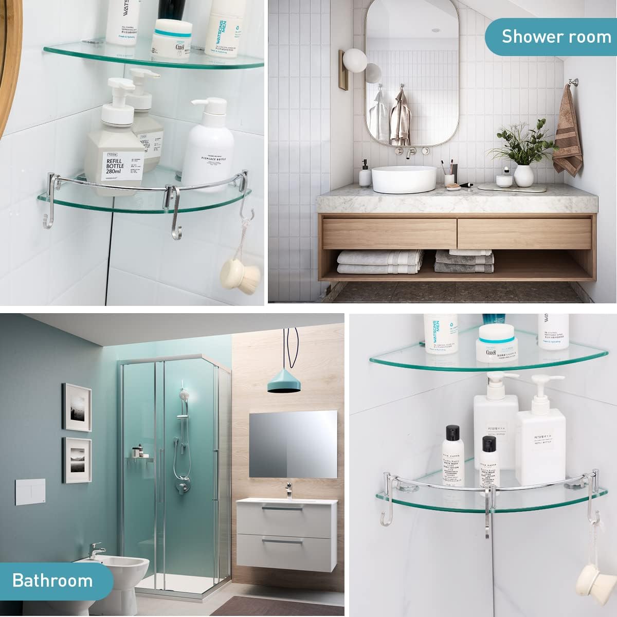 HouseMila Glass Shower Shelves - 3 Tier Corner Shelf with 3 Hangers, Drill Hole Glass Shelves for Bathroom Organizer