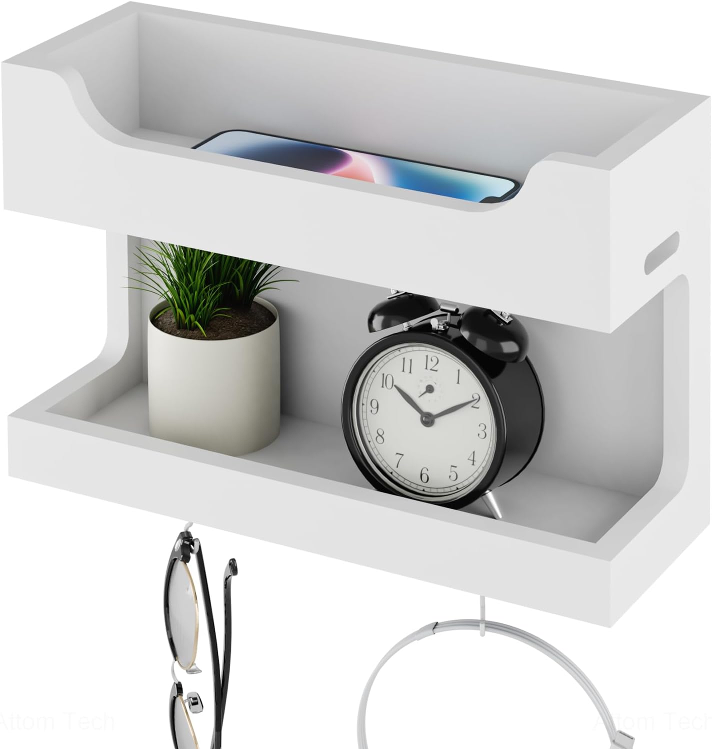 NiHome Wall Mounted Wooden Bedside Accessories Organizer, Double Tray Bedside Storage Shelf Rack with Magnetic Hooks, Bedroom Dorm RV Wall Caddy Holder for Phone Glasses Alarm Clock Remote (White)