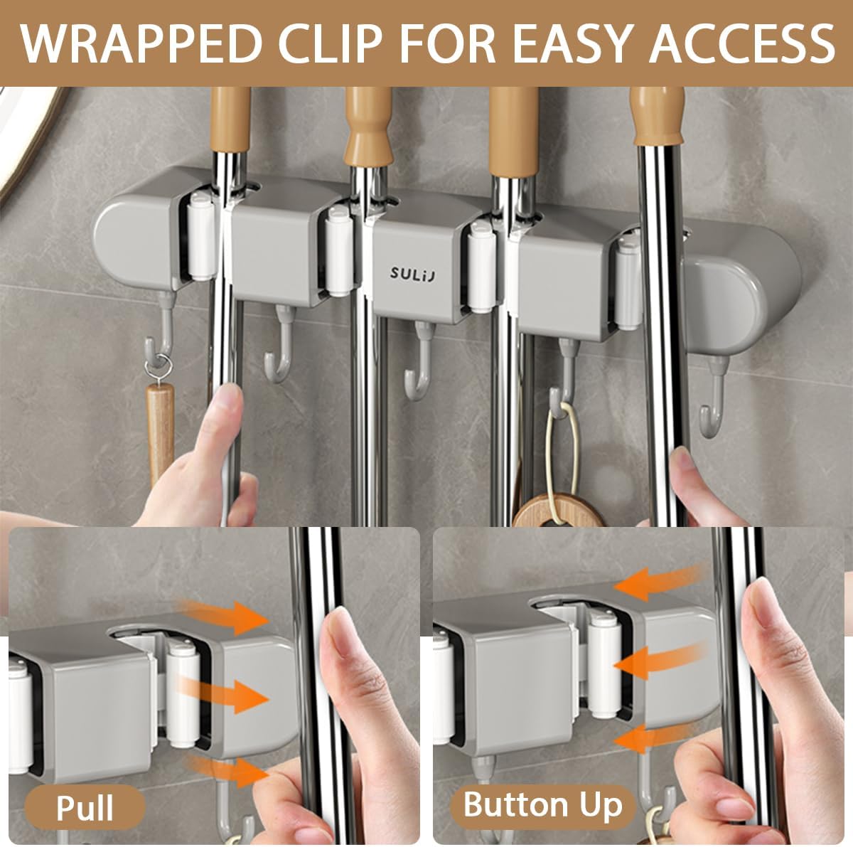 2Pcs Broom Holder Wall Mount, No-Drilling Self-Adhesive Mop and Broom Storage Rack (4 Racks with 5 Hooks),Wall-Mounted Broom Hanger for Bathroom, Kitchen, Closet, Garage, Grey
