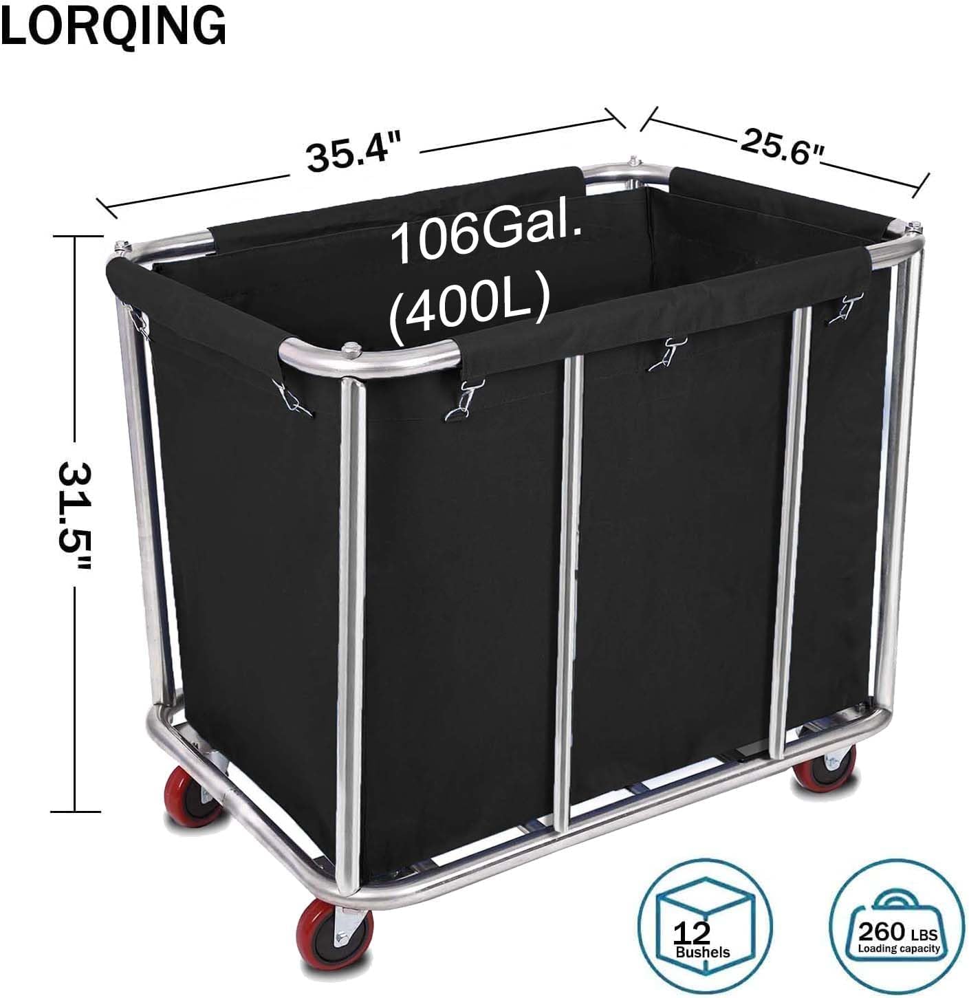 105 Gal Rolling Laundry Basket, Commercial 400L Large Capacity Heavy Duty Clothing Laundry Cart with Stainless Steel Frame and Removable Bag