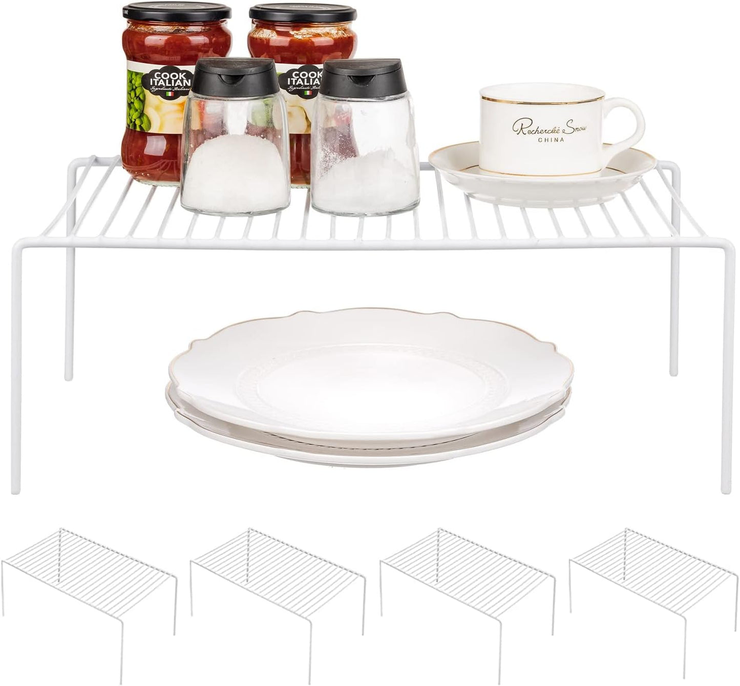 Kitchen Cabinet Shelf Organizer Set of 5, Large (15.7 x 9.4 inch) Metal Wire Pantry Storage Shelves, Dish Plate Racks for Cabinets, Freezer, Counter, Cupboard Organizers and Storage, White