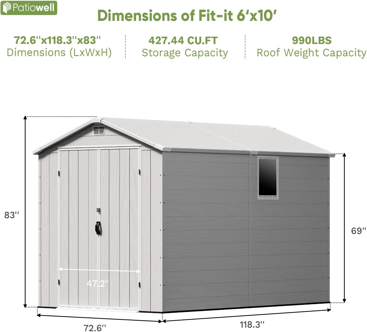 Patiowell 6x10FT Outdoor Storage Shed with Floor, Plastic Resin Garden Shed with Lockable Door, Windows, Weather-Resistant for Lawn Mower, Tool & Backyard Storage (Light Grey)