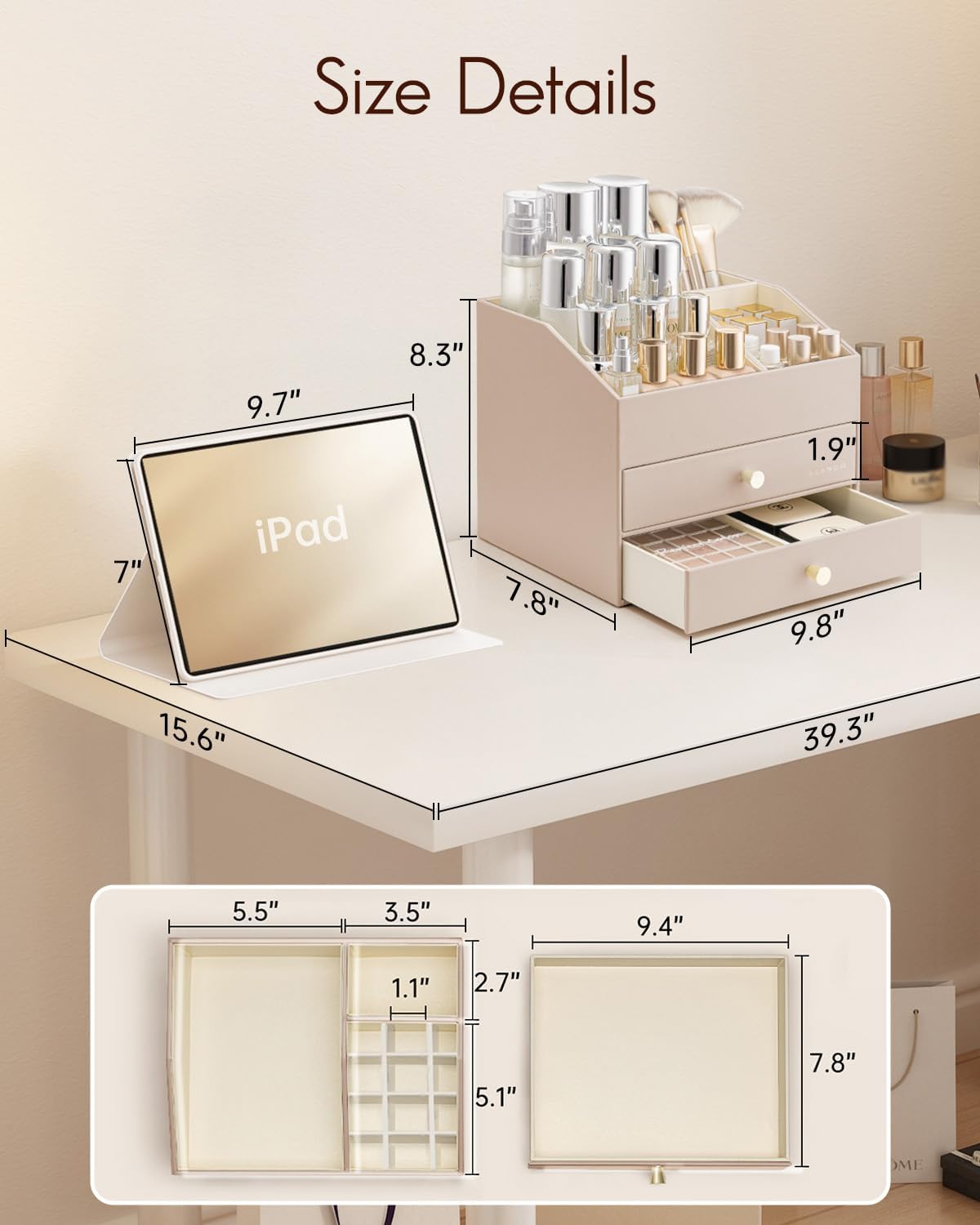 Vlando Makeup Organizer for Vanity,Large Capacity Countertop Organizer with Drawers, PU Leather Cosmetic Display Case for Lipstick,Brushes,Skincare,Bedroom Storage (Toffee)