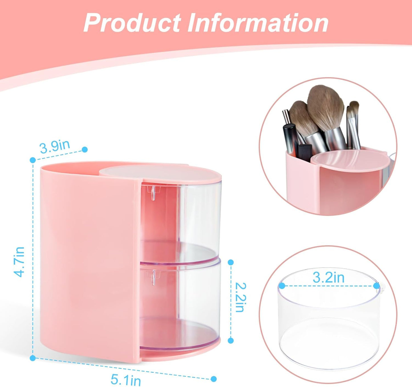 Luscinia Hair Accessories Organizer with Hair Brush Holder, Rotatable Makeup Brush and Jewelry Storage Box for Hair Clips, Earrings, Necklaces, Bracelets, Rings, and Daily Accessories (Pink, 2-Layer)