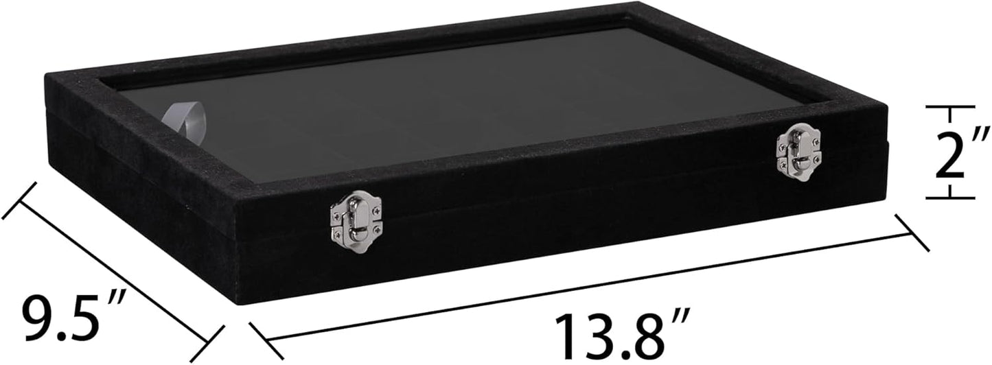 Frebeauty Velvet Jewelry Tray,35 Grid Jewelry Organizer with Clear Lid,Earring Holder Organizer Case with Clasp,Drawer Insert for Rings Studs,13.8 x 9.5 x 2 Inches,Gift for Women Girls(Black)
