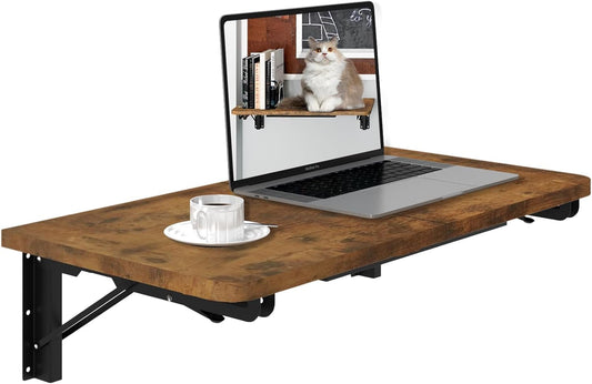 TEAMIX Wall Mounted Folding Table, Rustic Brown Floating Wall Desk for Small Spaces, Drop Leaf Dining Table for Kitchen Fold Down Laundry Shelf with Heavy-Duty Brackets