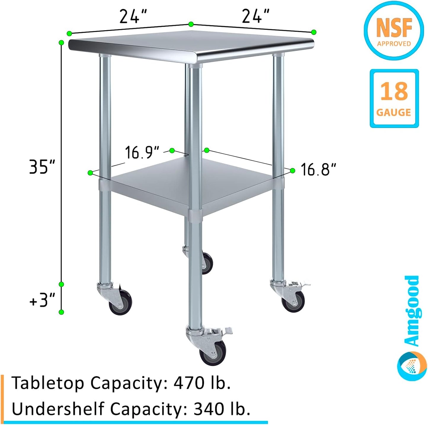 AmGood 24" x 24" Stainless Steel Work Table with Casters | Heavy Duty Metal Utility Table On Wheels | Kitchen Island Cart