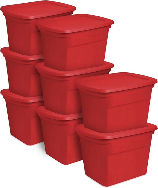 Sterilite 18 Gallon Plastic Stackable Storage Tote Container, Seasonal Home Decor, and Garage Organizer Bin with Lid, Red (8 Pack)