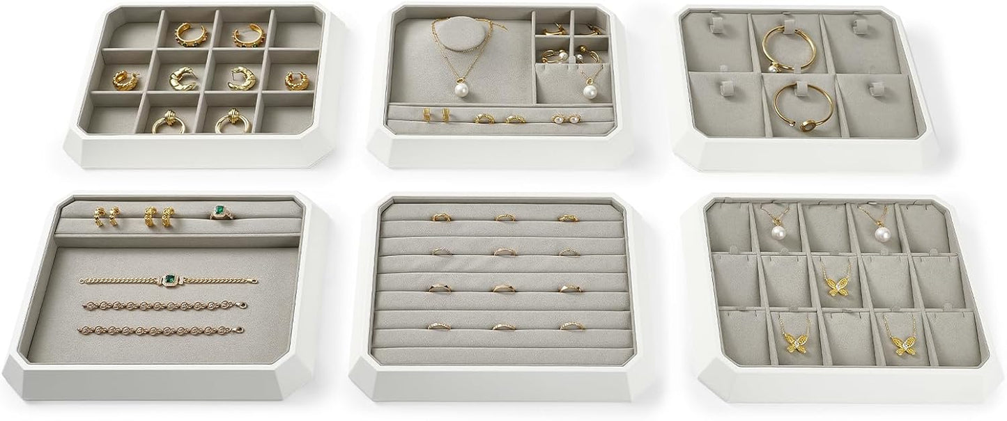 PU Leather Multifunctional Jewelry Display Tray Stackable Jewelry Organizer Tray for Accessory Trade showcase(Grey)