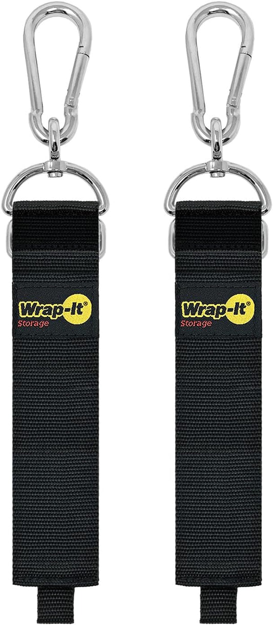 Hook 'n Hang Wrap-It Storage Straps - 24" (2-Pack) Black - Carabiner Straps for Cord Storage or Garden Hose Holder