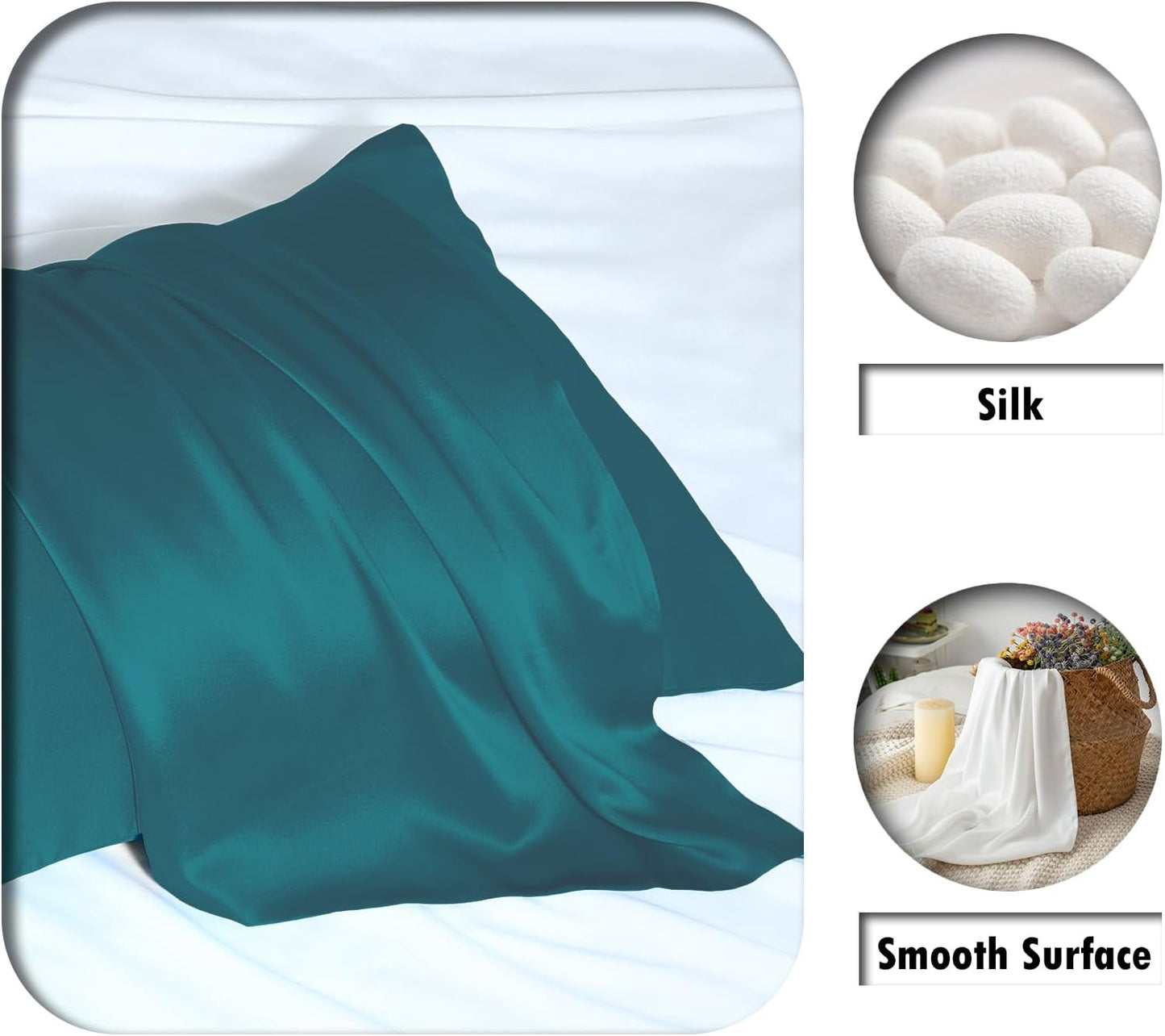 Silk Pillow Cases 2 Pack Soft Breathable and Sliky Queen Size Pillow Cases Set of 2,Natural Mulberry Satin Silk Pillowcase with Hidden Zipper for Hair and Skin (Teal,20"X 30",2pcs)