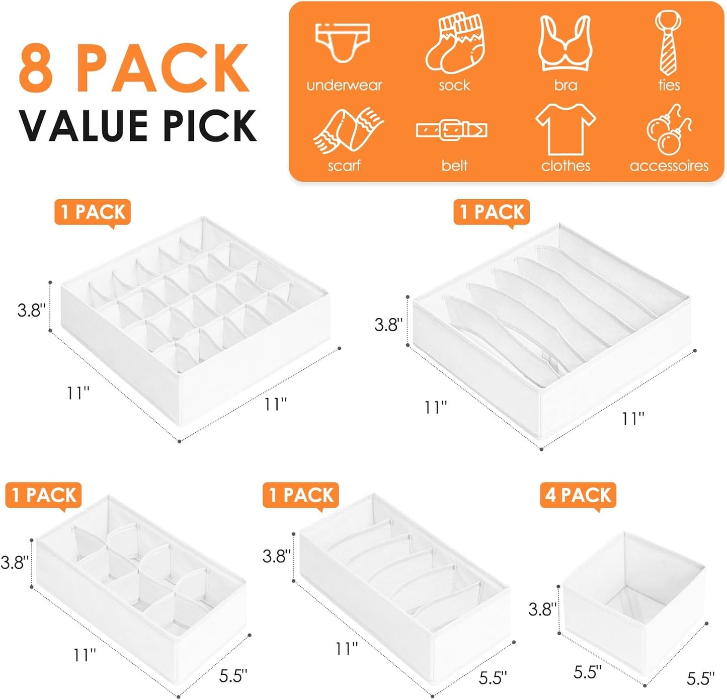 Criusia Drawer Organizer Clothes, 8 Pack Dresser Organizer Bins for Baby Clothes, Underwear Sock, Fabric Closet Organization and Storage Dividers for Nursery Bedroom (96 Compartments, White)