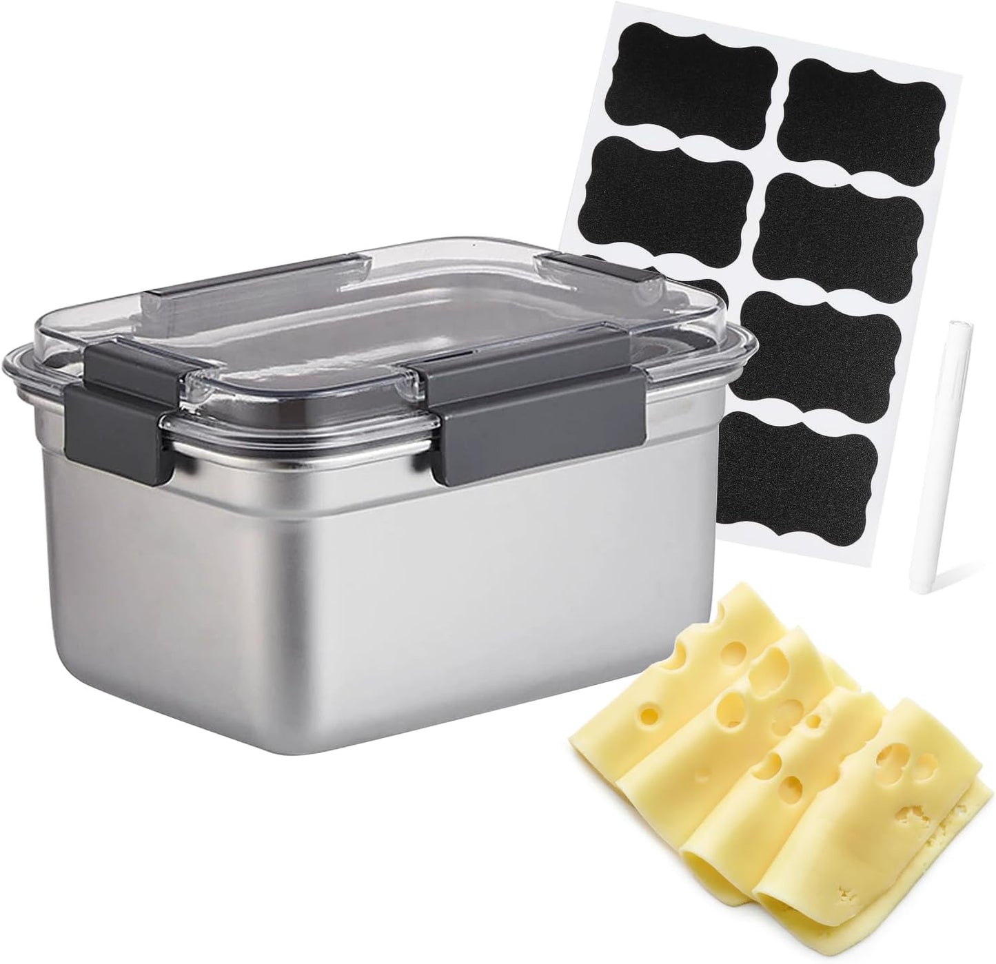 Cheese Container for Refrigerator,Cheese Stainless Steel Container with Lids,Deli Meat Saver,Kitchen Storage Keeper box,fridge organizer Stackable Sliced Grated,Shredded,Cheddar Cheeses Holder