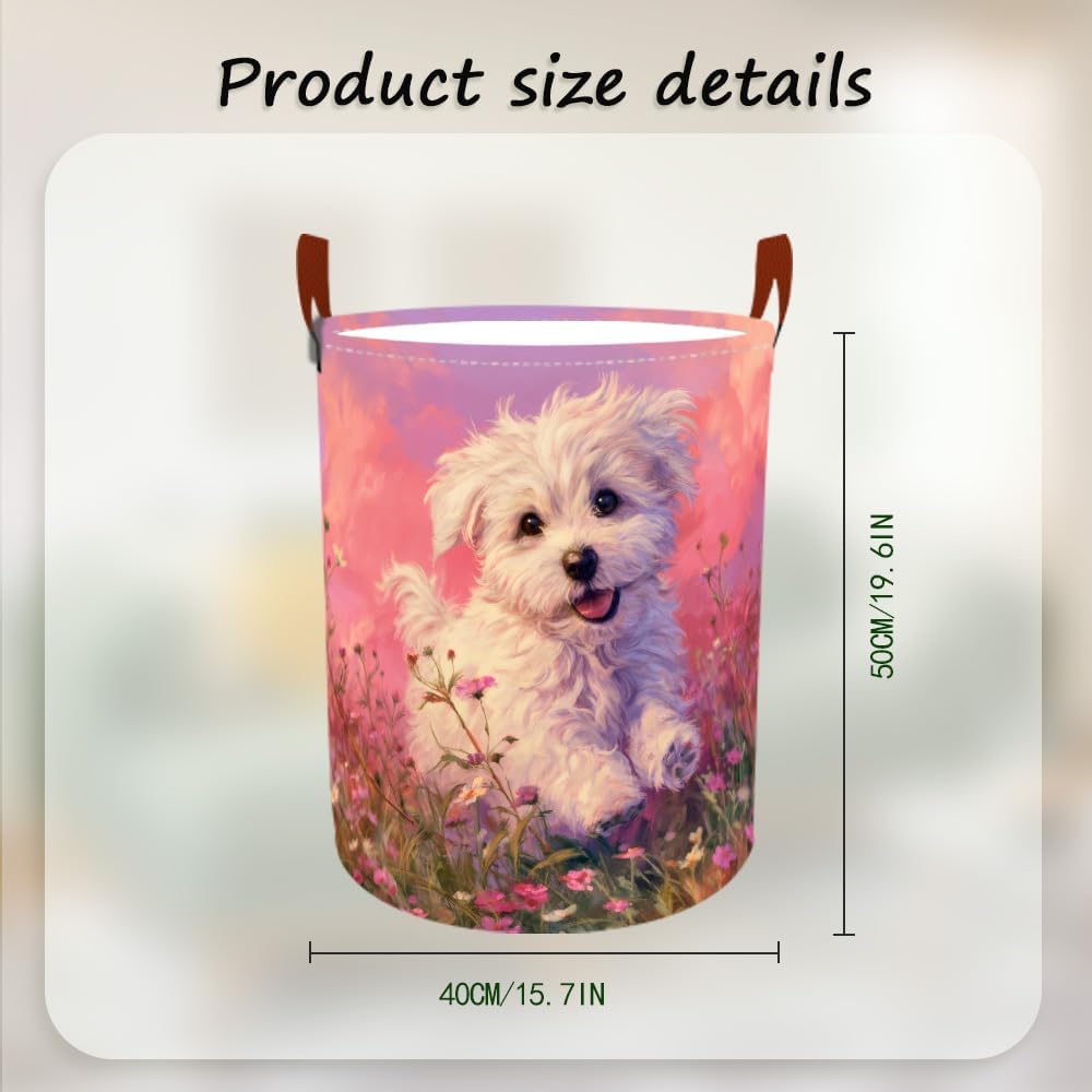 Laundry Baskets 15.7x19.7 Inch Large Puppy Wildflower Field Design Collapsible Laundry Hamper with Handles Oxford Fabric Clothes Storage Bin Foldable Dirty Clothes Organizer for Bedroom Bathroom Dorm