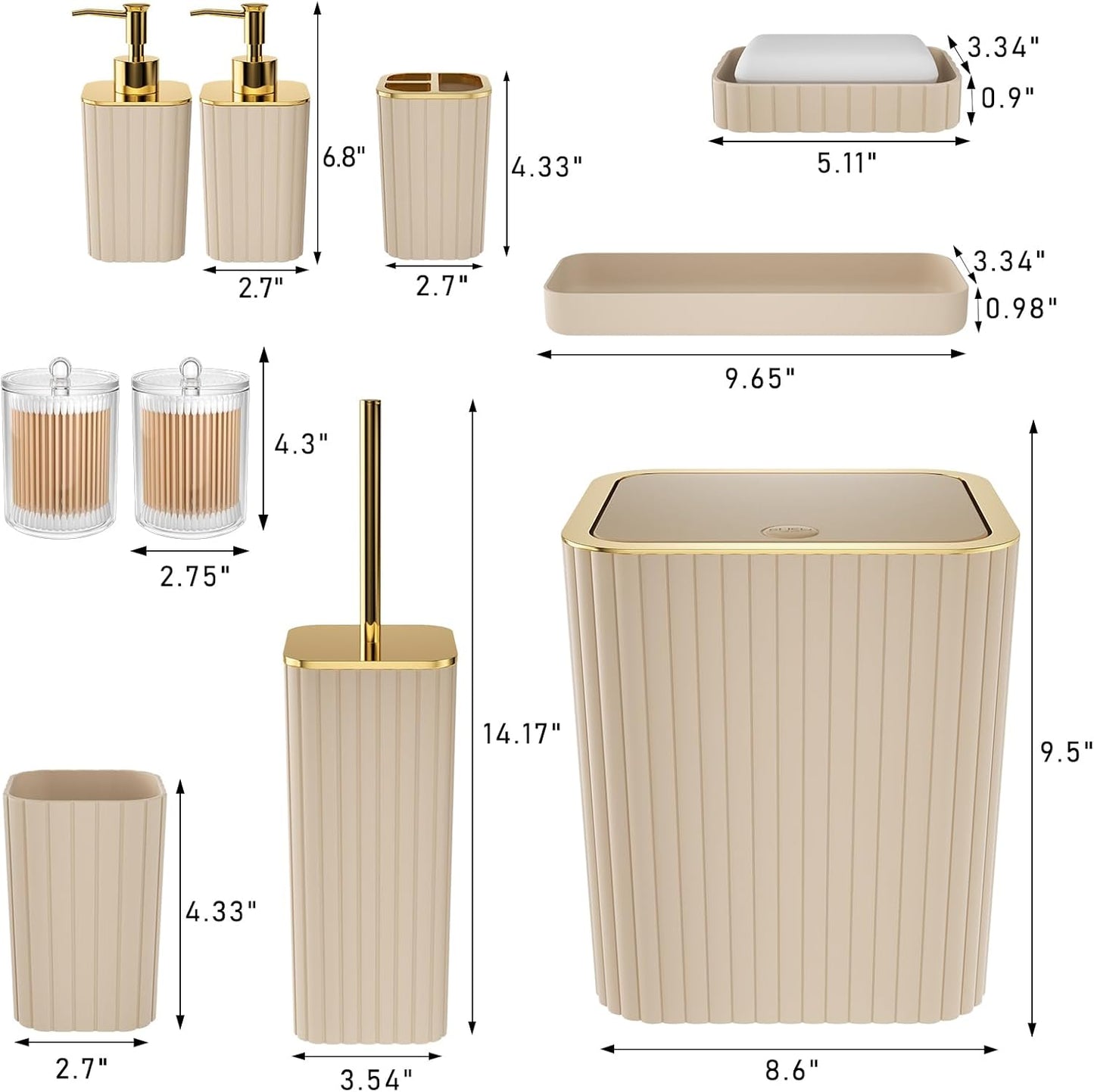 Bathroom Accessories Set - Gorgeous Bathroom Set, 10PC Beige Bathroom Accessory Set, Toilet Brush, Trash Can & Soap Dispenser