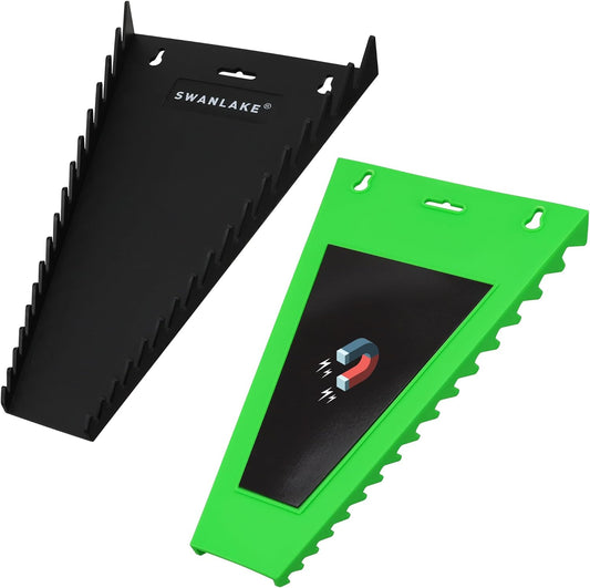 SWANLAKE GARDEN TOOLS Magnetic Wrench Organizer 2-Piece, 32-Slot Drawer Storage, SAE (1/4" to 1-1/16"), Metric (6mm to 24mm), Green and Black