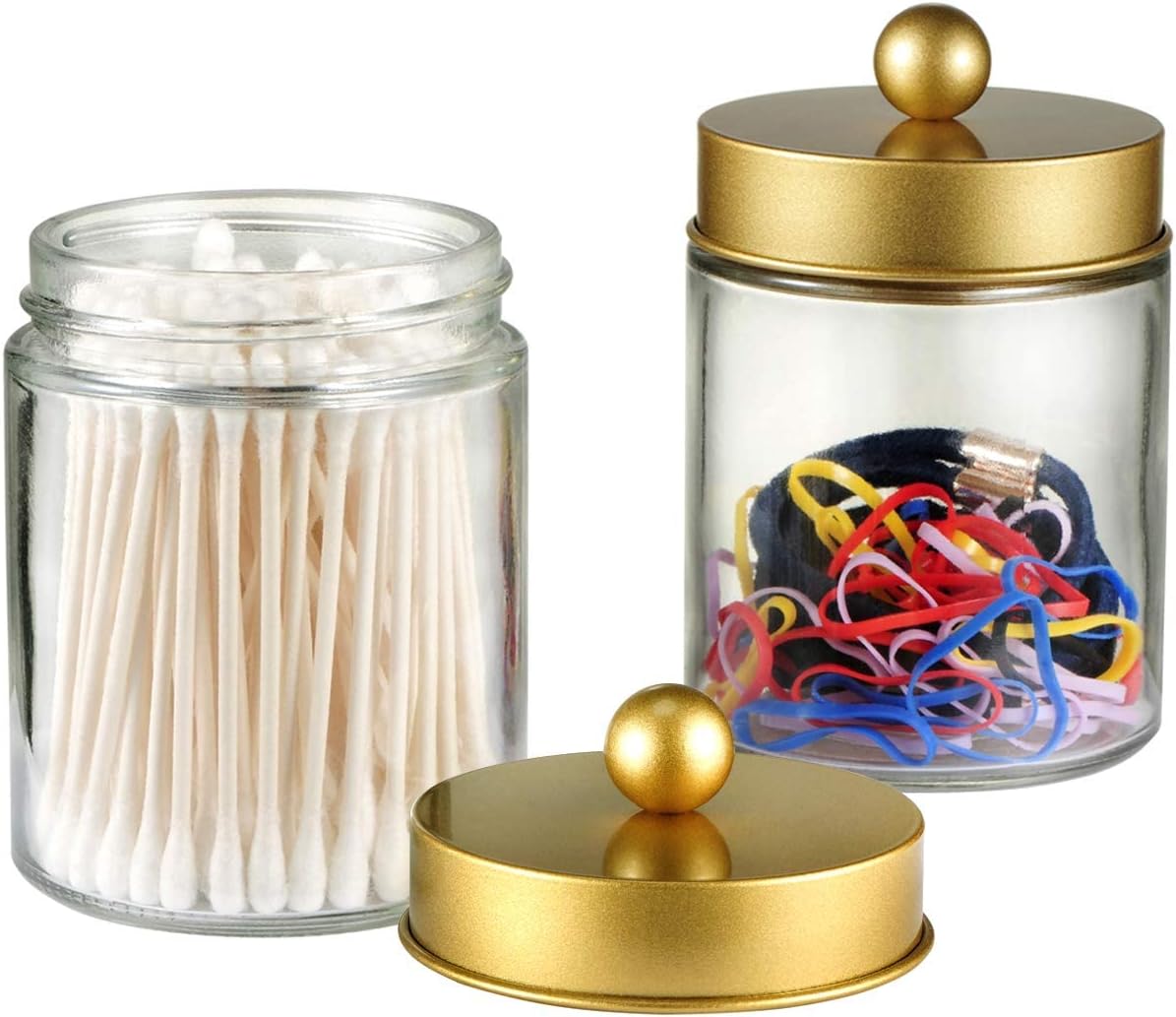 Amolliar Apothecary Jars Bathroom Storage Organizer -Countertop Storage Organizer Canister Jar - Cute Qtip Dispenser Holder Glass with Lid- for Cotton Swabs,Bath Salts,Hair Band / 2-Pack(Gold)