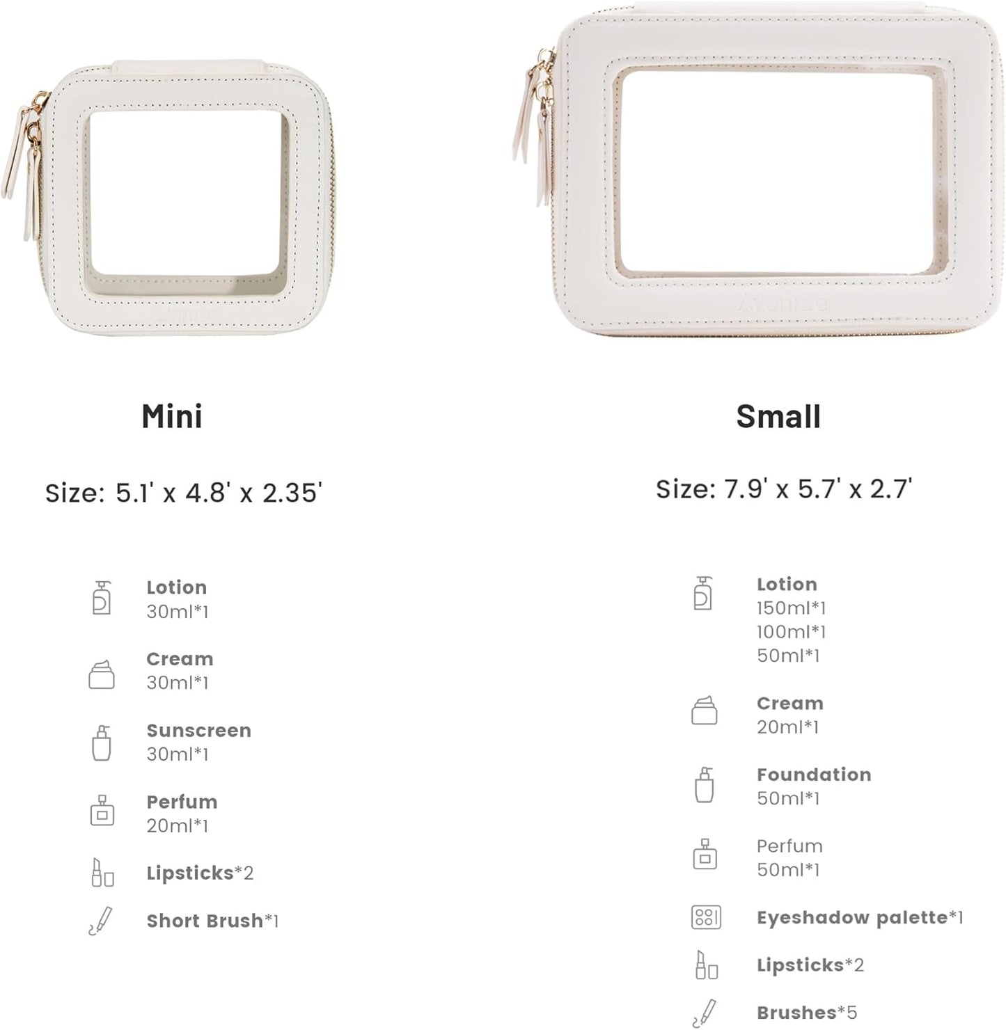Aveniee Clear Makeup Bag Set (2-Piece Mini & Midi) - Travel Toiletry Organizer for Women, Waterproof Cosmetic Pouch & Car Accessory for Travel Size Toiletries, White