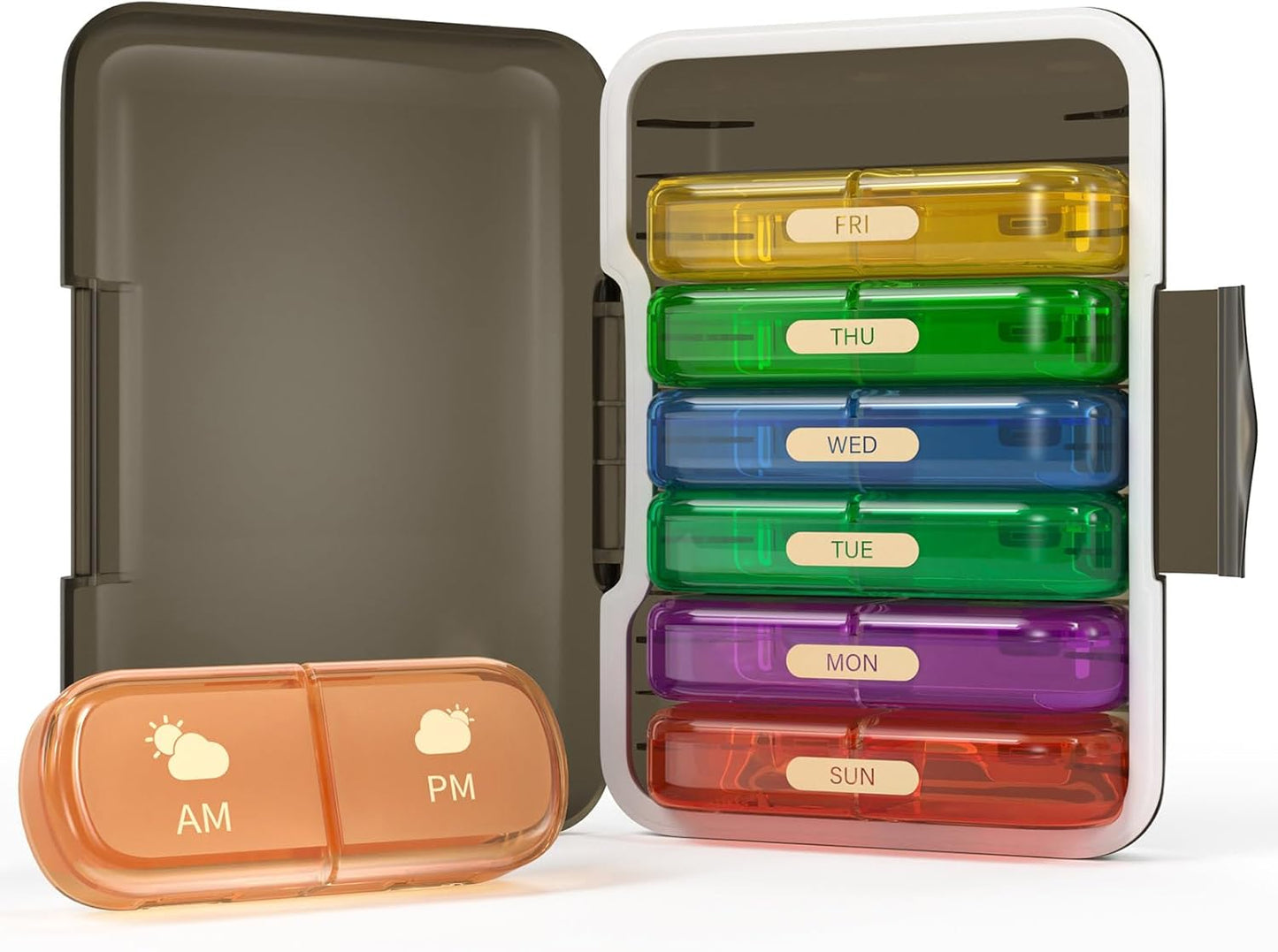 Weekly Pill Organizer 2 Times a Day, 7 Day Pill Box 2 Times, Portable for Travel Pill Case for Pills/Vitamin/Fish Oil/Medication/Supplements (2x7 Black+Rainbow)