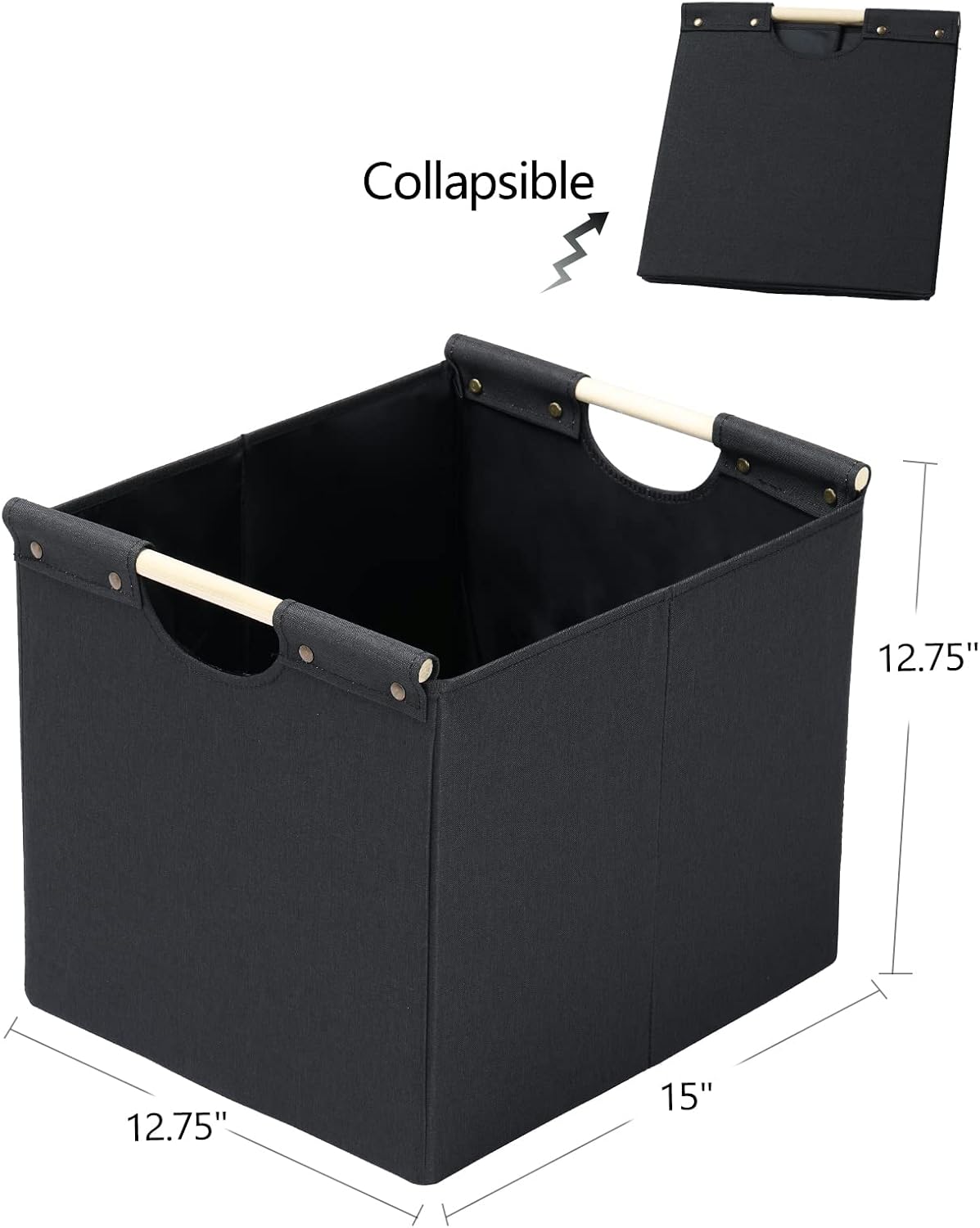 HOONEX Large Collapsible Storage Bins, Linen Fabric, Pack of 2, Storage Baskets with Wooden Carry Handles and Sturdy Heavy Cardboard, for Home, Office, Car, Nursery, Black