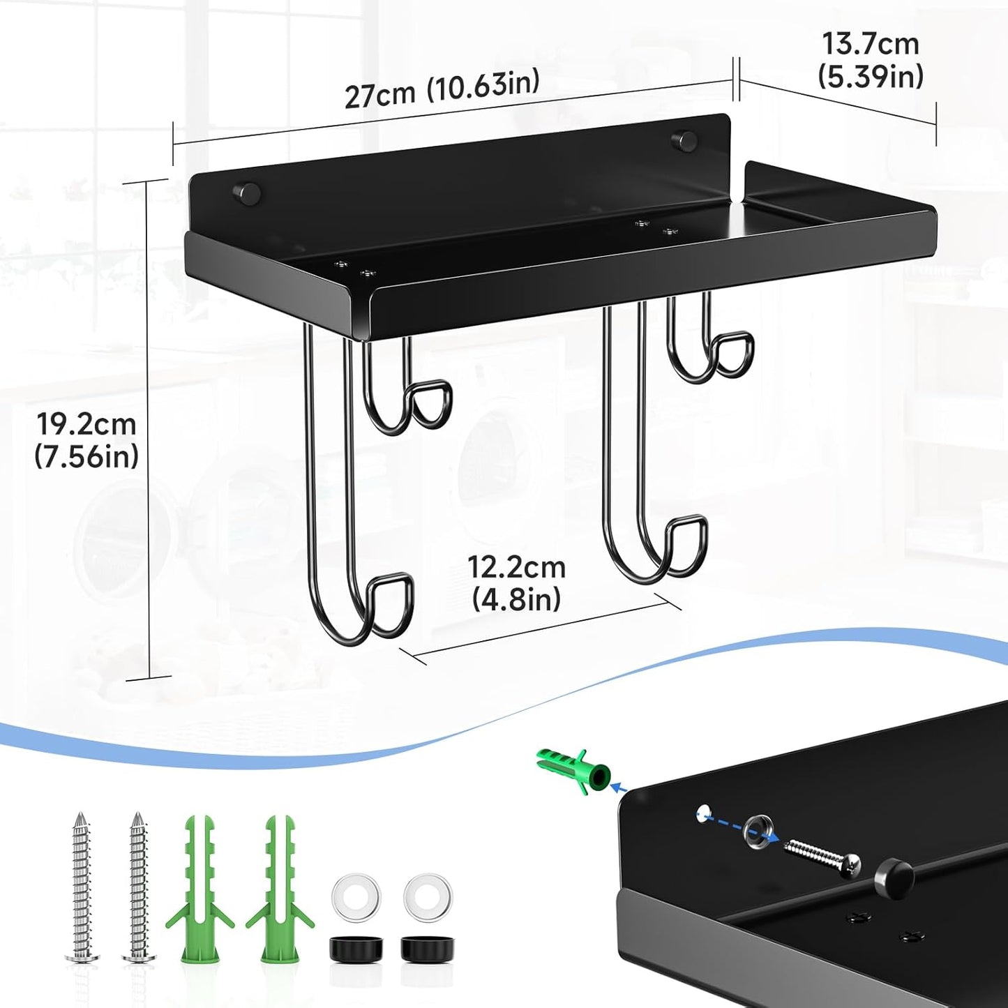 Ironing Board Holder Wall Mounted, Black Iron Holder for Laundry Room, Metal Iron Board Wall Hanger with Storage Shelf, Ironing Board Hooks for Laundry Room Livingroom Bathroom (Y or T Leg)