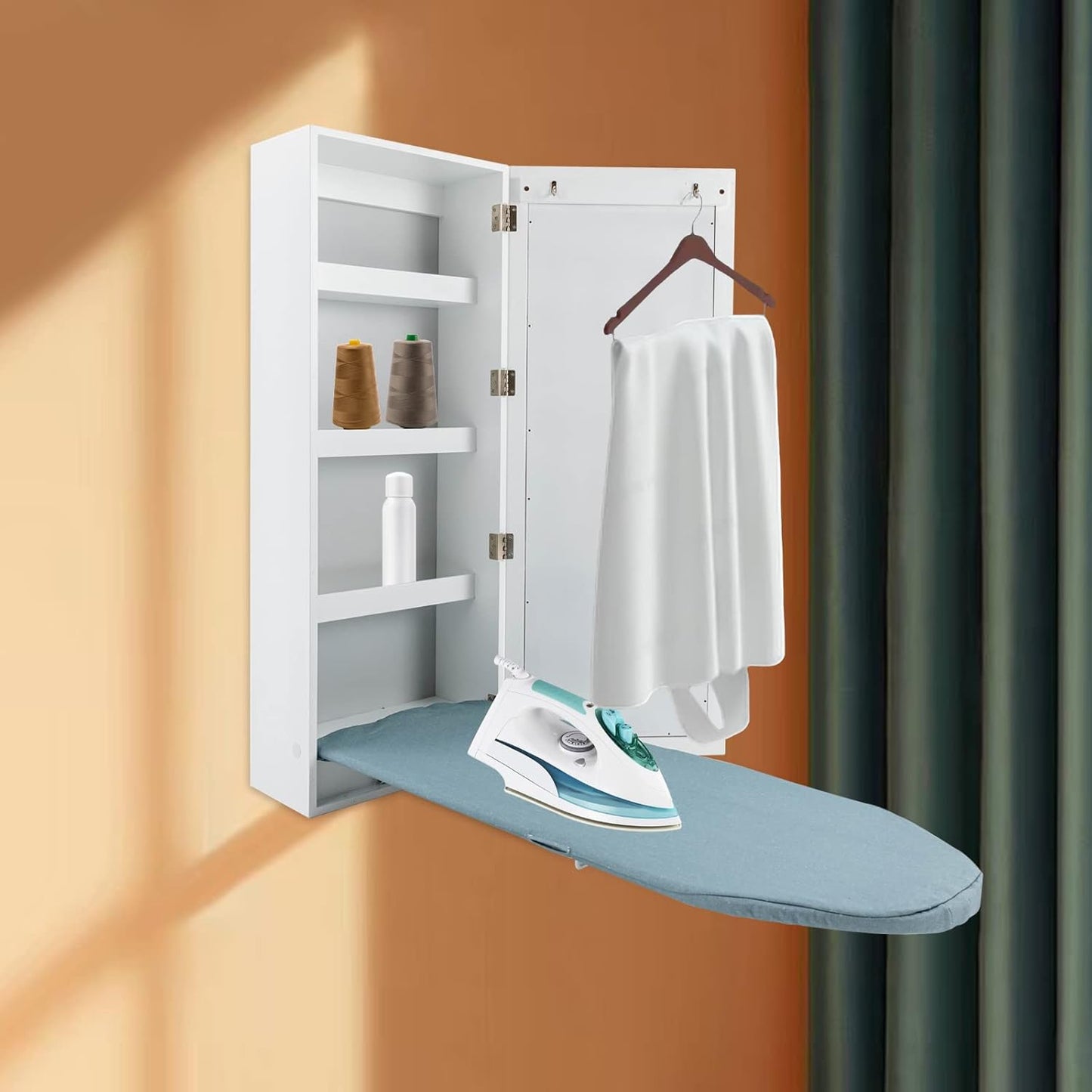 Wall Mounted Ironing Board with Storage Cabinet Built in Swivel Ironing Board with 3Tier Shelf & Dressing Mirror for Home Apartment & Small Spaces