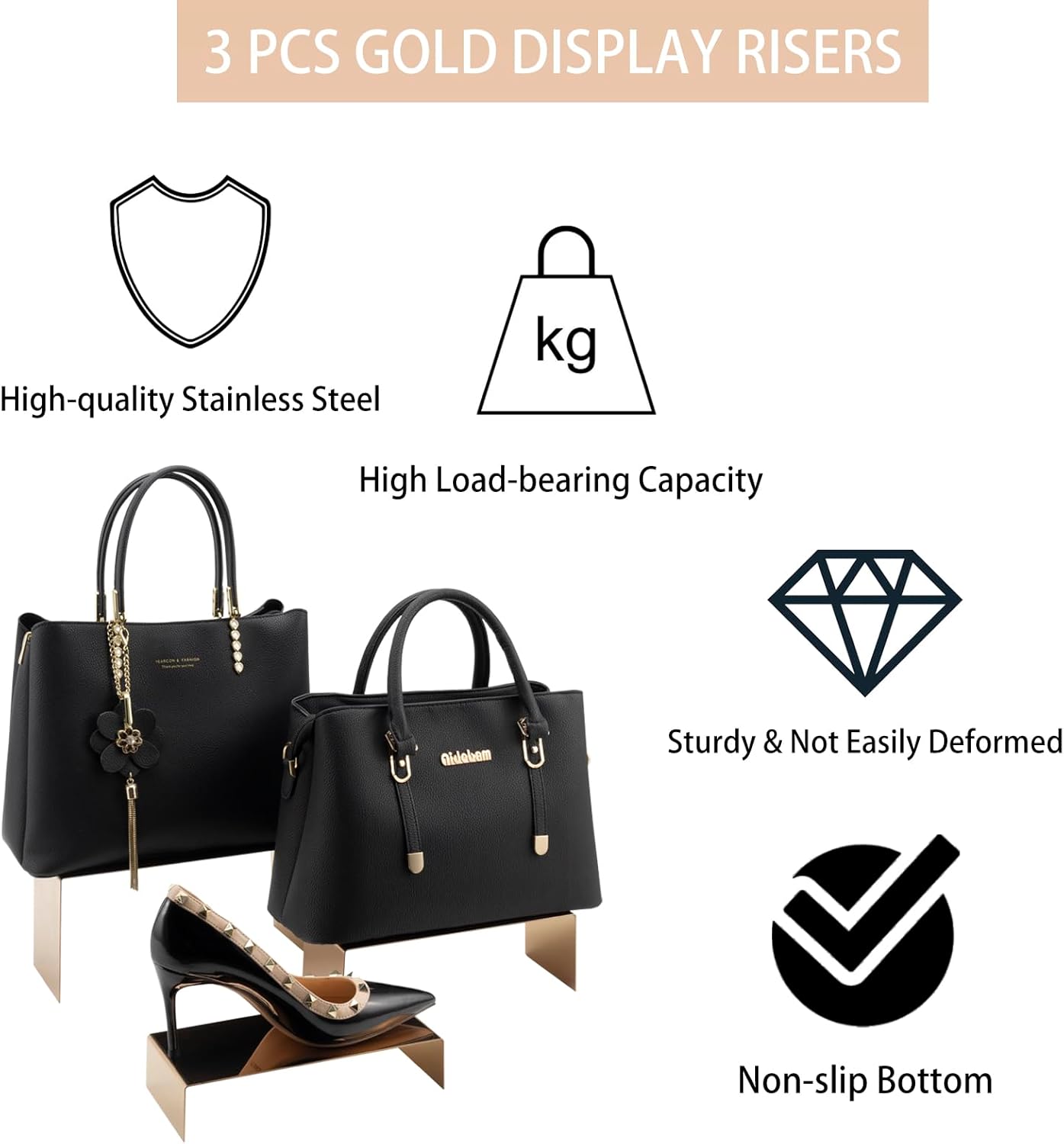 Display Risers Stainless Steel 3PCS Metal Golden Display Riser Stand Shoe Bag Holder Display Riser Shelf Showcase for Home Boutique Retail Store,Rose Gold