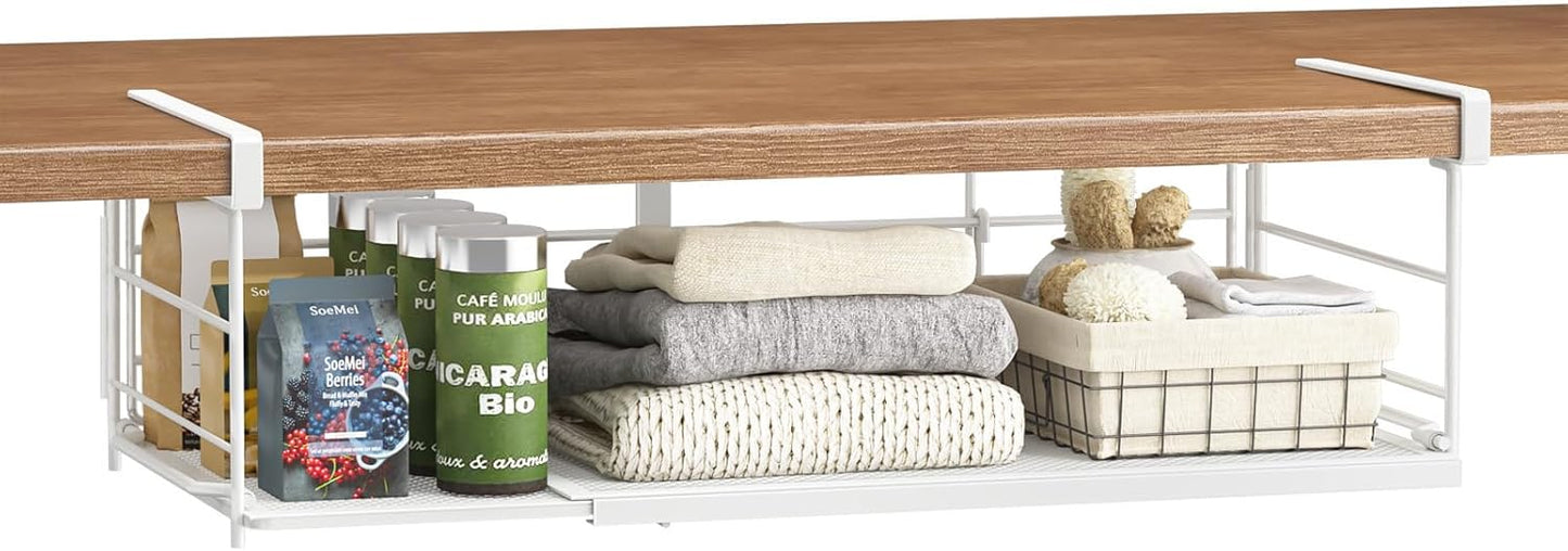 Expandable Under Cabinet Shelf, Extendable Under Shelf Storage with Removable Wire-Like Back for Pantry Cabinet, Laundry Room, Shoe Rack. (White, 1 Pack, Interior: 5" H x 10" D)